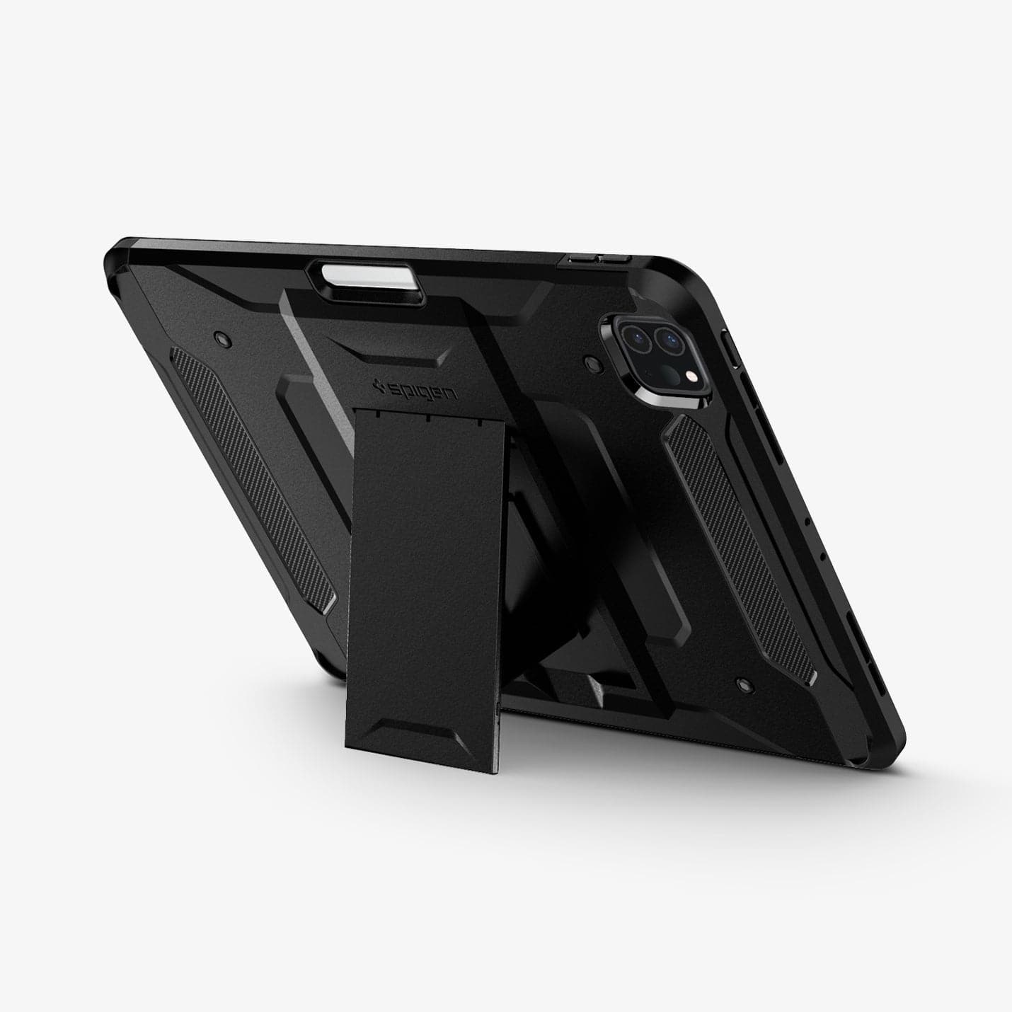 ACS01021 - iPad Pro 11" Case Tough Armor Pro in black showing the back and top with device propped up by built in kickstand