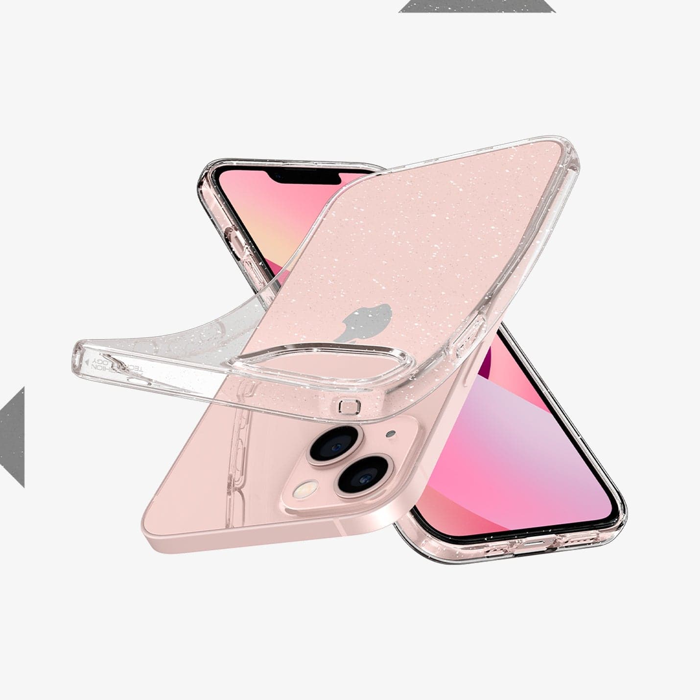 ACS03312 - iPhone 13 Mini Case Liquid Crystal Glitter in crystal quartz showing the flexible back, front and sides