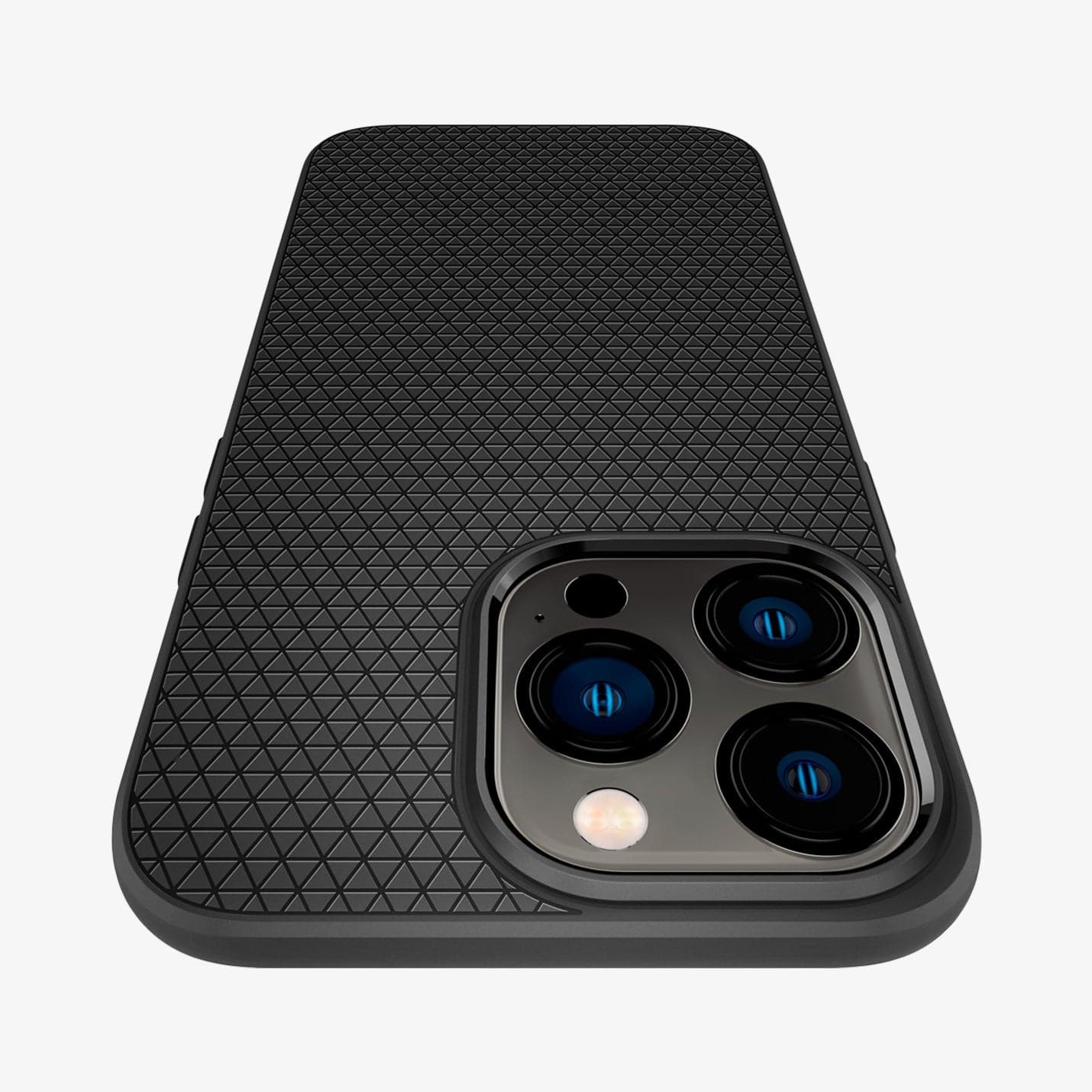 ACS03258 - iPhone 13 Pro Case Liquid Air in matte black showing the back and top with a close up of the camera lens