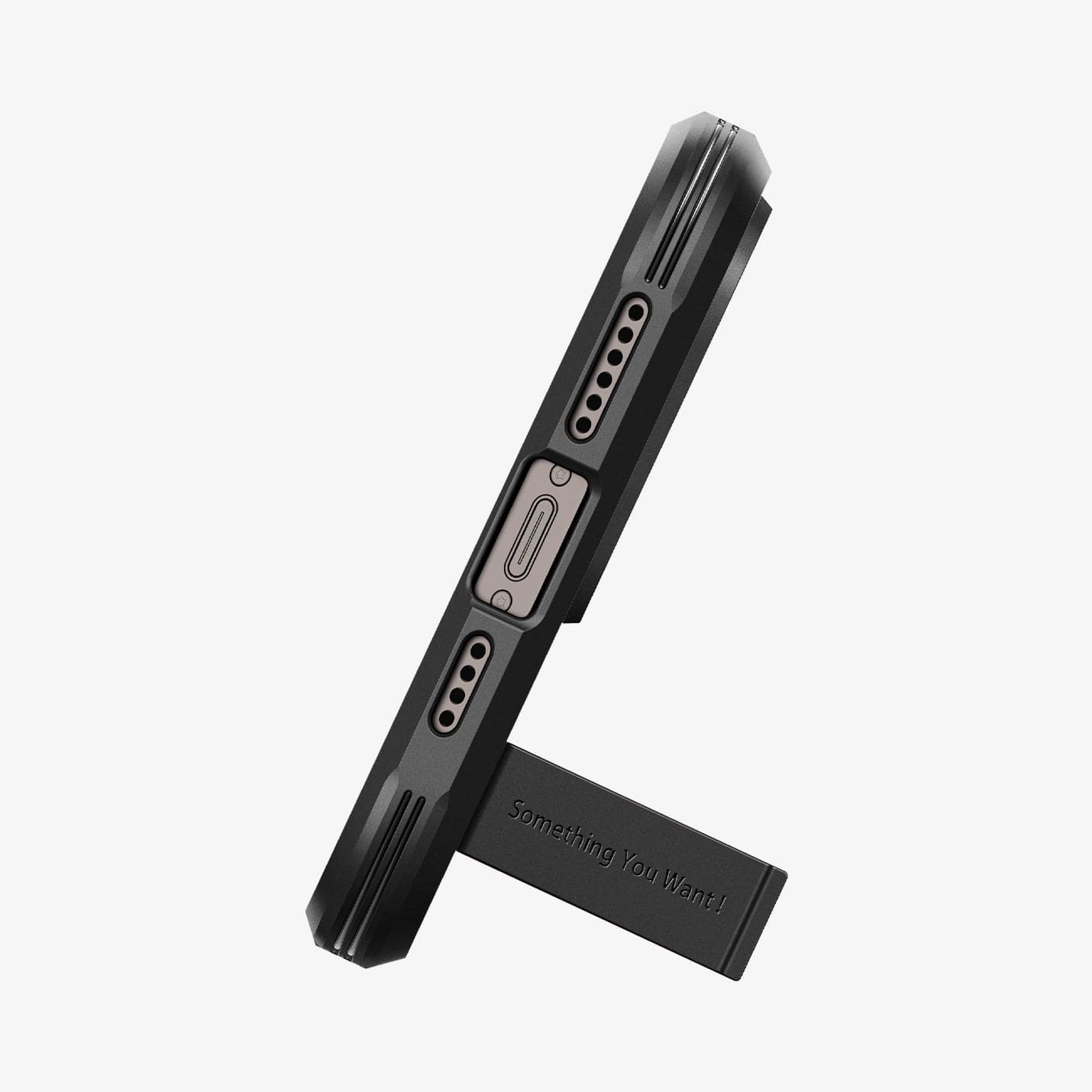 ACS04840 - iPhone 14 Pro Max Case Tough Armor (MagFit) in black showing the bottom of device being propped up horizontally by built in kickstand