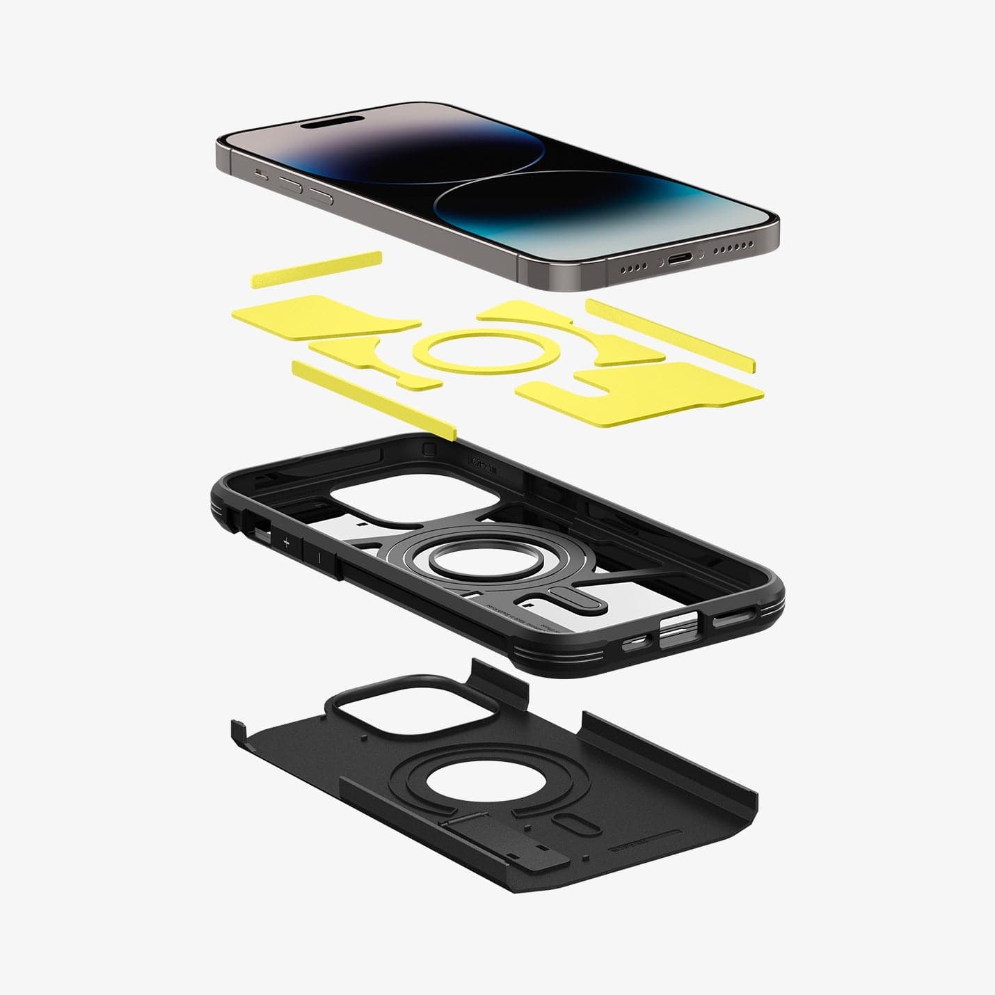 ACS04840 - iPhone 14 Pro Max Case Tough Armor (MagFit) in black showing the hard pc, flexible tpu, impact foam and device