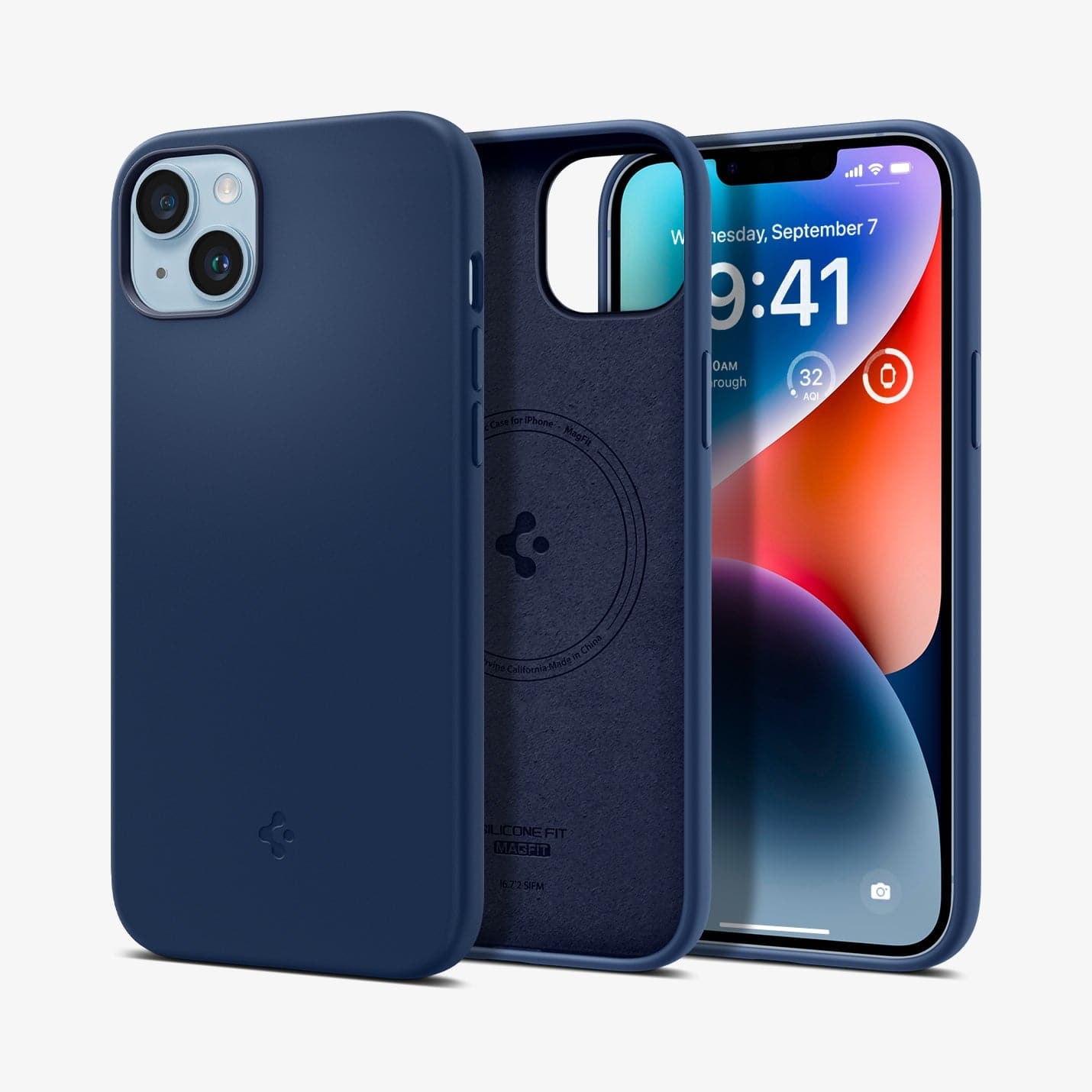 ACS05068 - iPhone 14 Case Silicone Fit (MagFit) in navy blue showing the back, inside and front