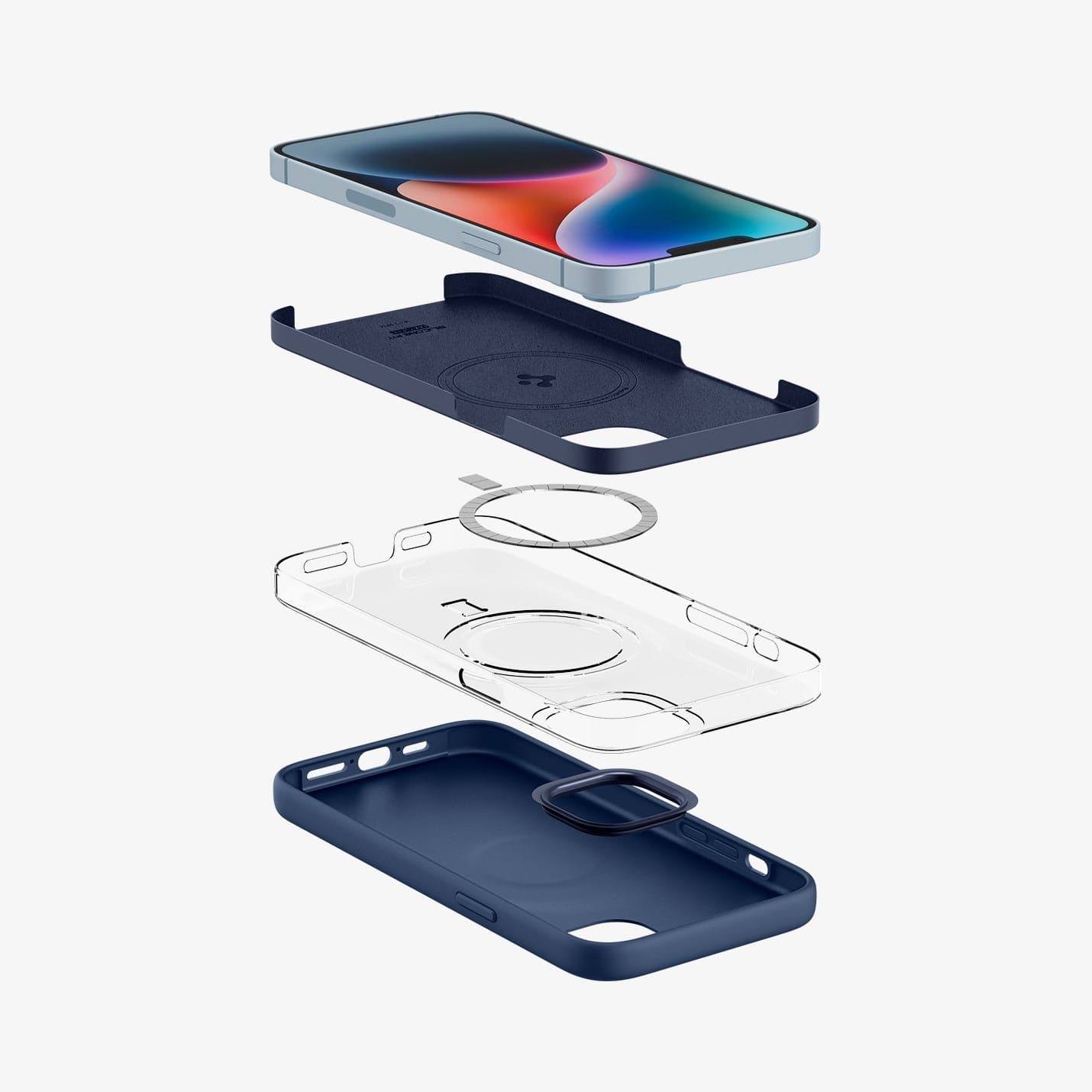 ACS05068 - iPhone 14 Case Silicone Fit (MagFit) in navy blue showing the multiple layers of case and magsafe layer