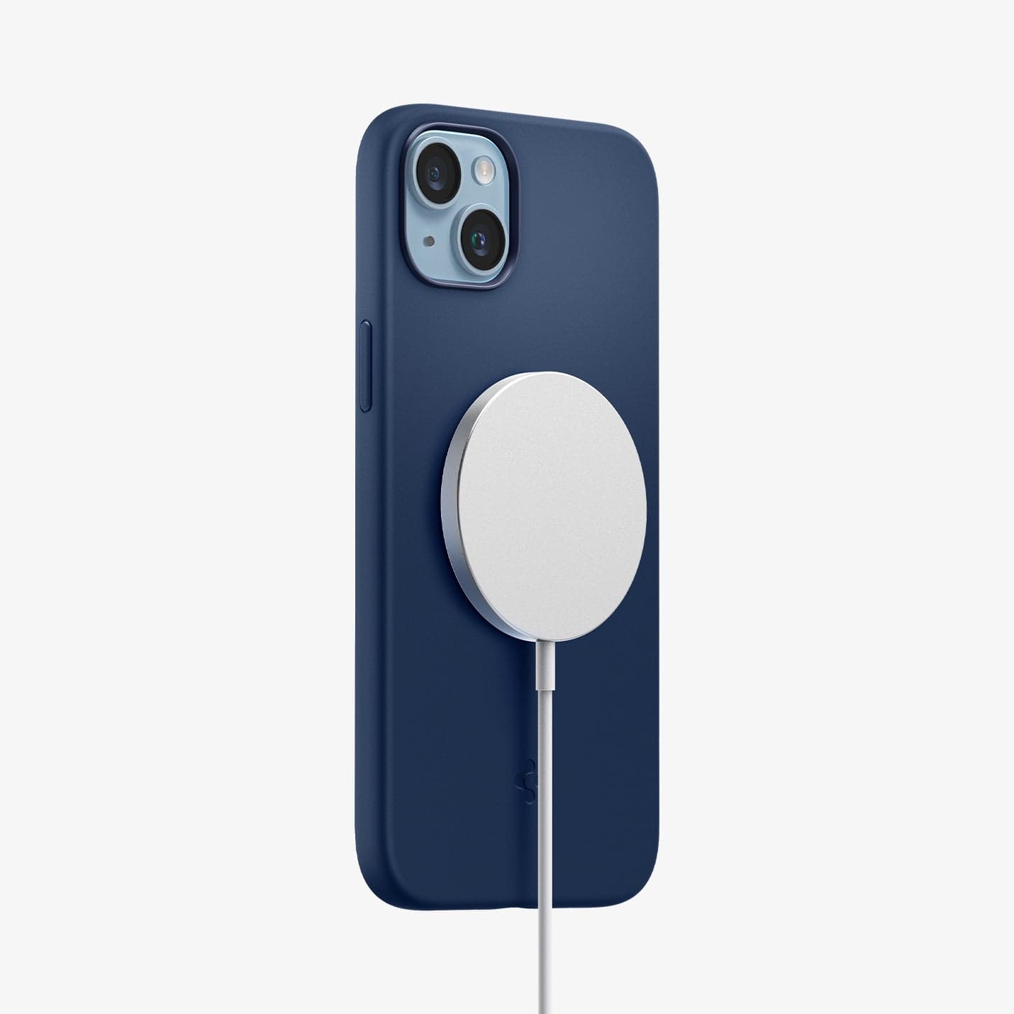 ACS05068 - iPhone 14 Case Silicone Fit (MagFit) in navy blue showing the back with magsafe charger connected