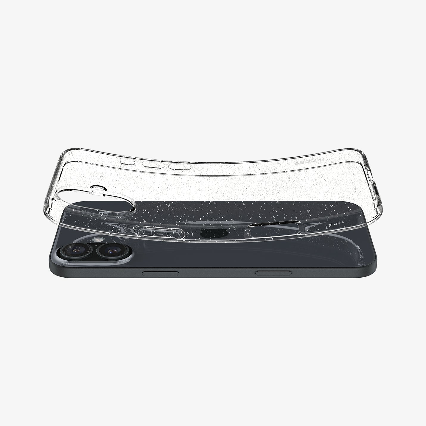 ACS08065 - iPhone 16 Plus Case Liquid Crystal Glitter in Crystal Quartz showing the back, hovering above the device slightly lifted both ends of top and bottom of the case