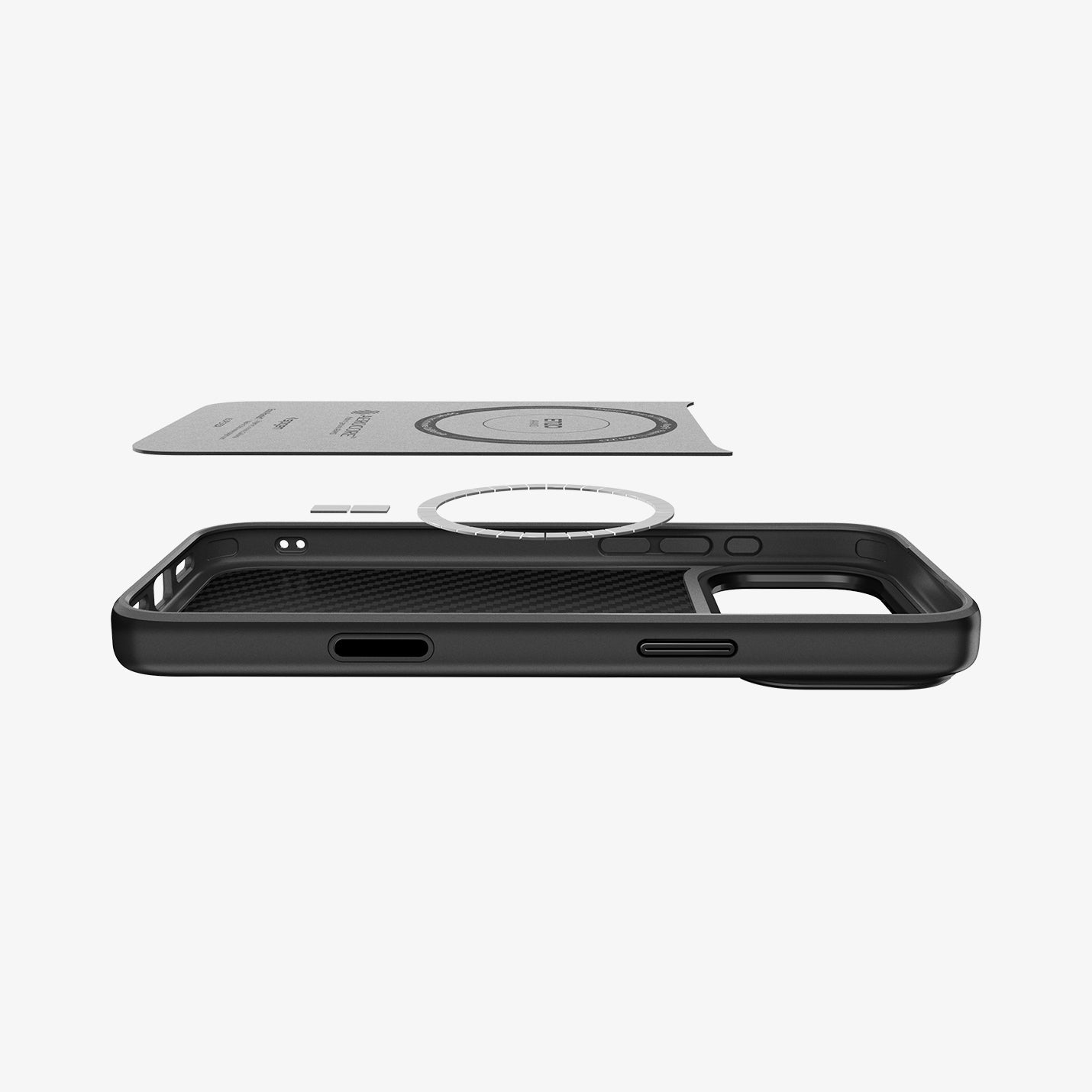 ACS09906 - iPhone 17 Pro Max Case Enzo Aramid T in black showing the side and partial back with back layer hovering above