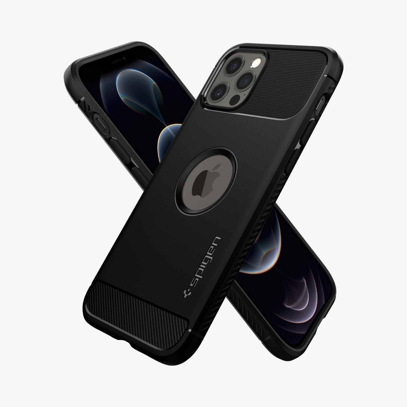 ACS01700 - iPhone 12 / 12 Pro Case Rugged Armor in matte black showing the back, front and sides