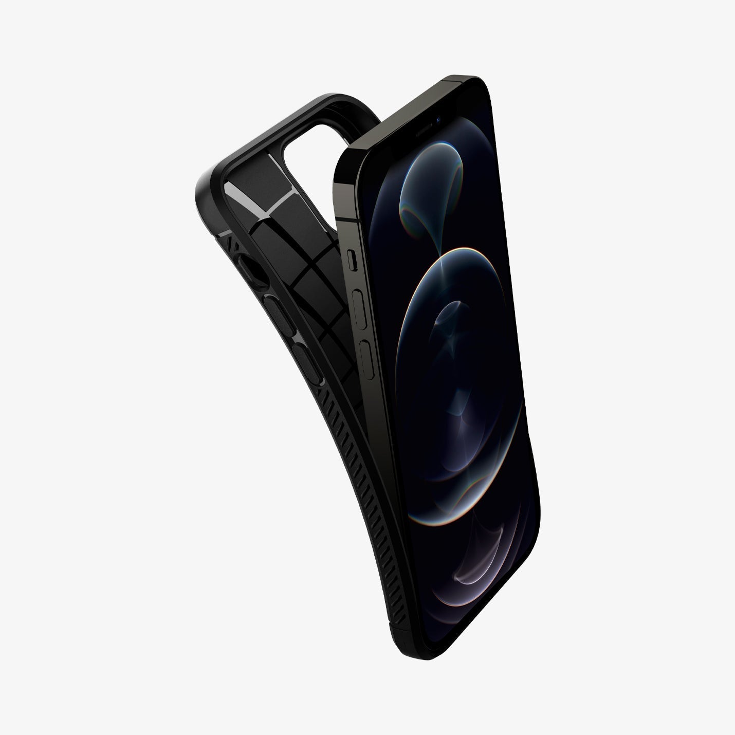 ACS01700 - iPhone 12 / 12 Pro Case Rugged Armor in matte black showing the case bending away from device to show the flexibility