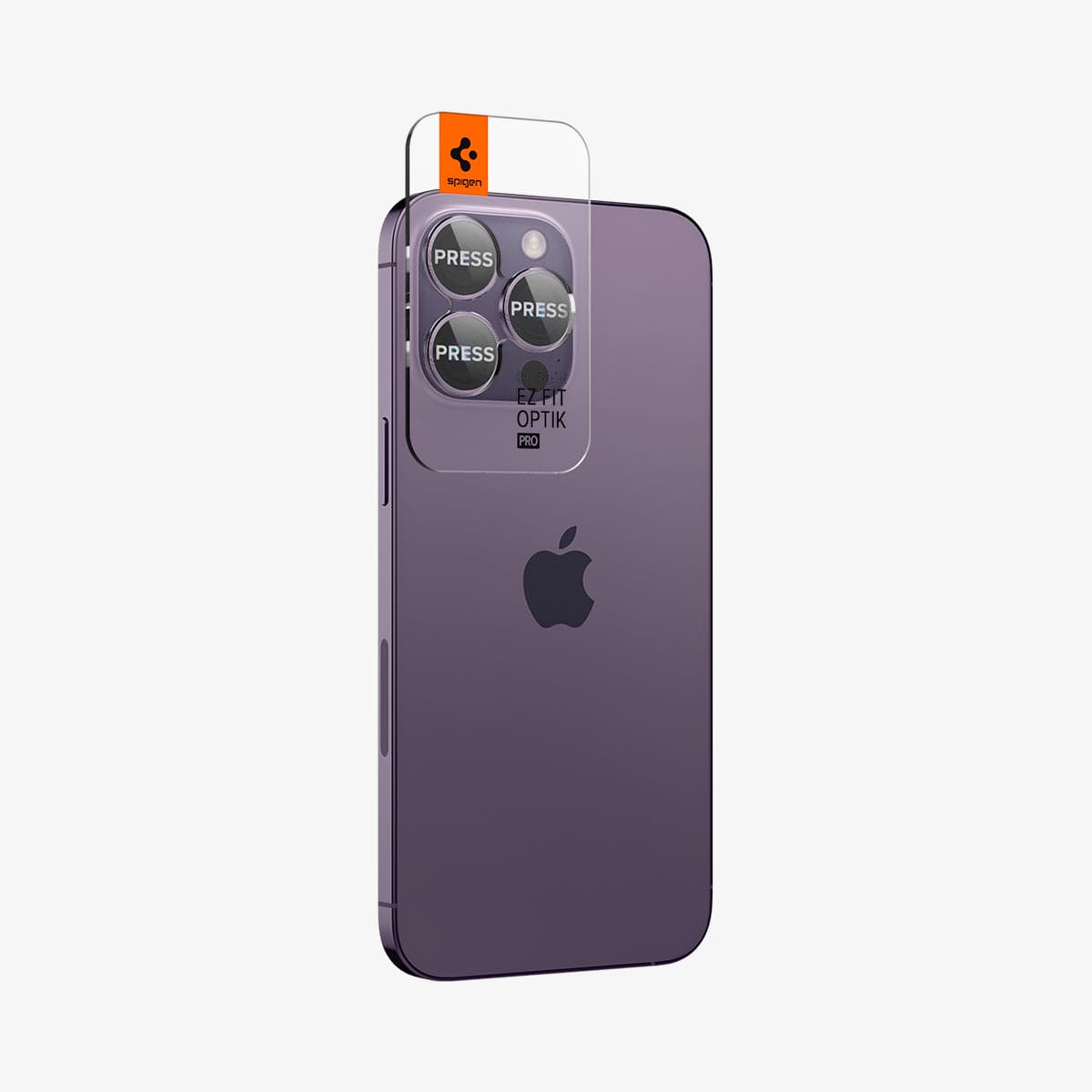 AGL05597 - iPhone 14 Pro / 14 Pro Max Optik Pro Lens Protector in deep purple showing the back and partial side with ez fit installed on camera lens