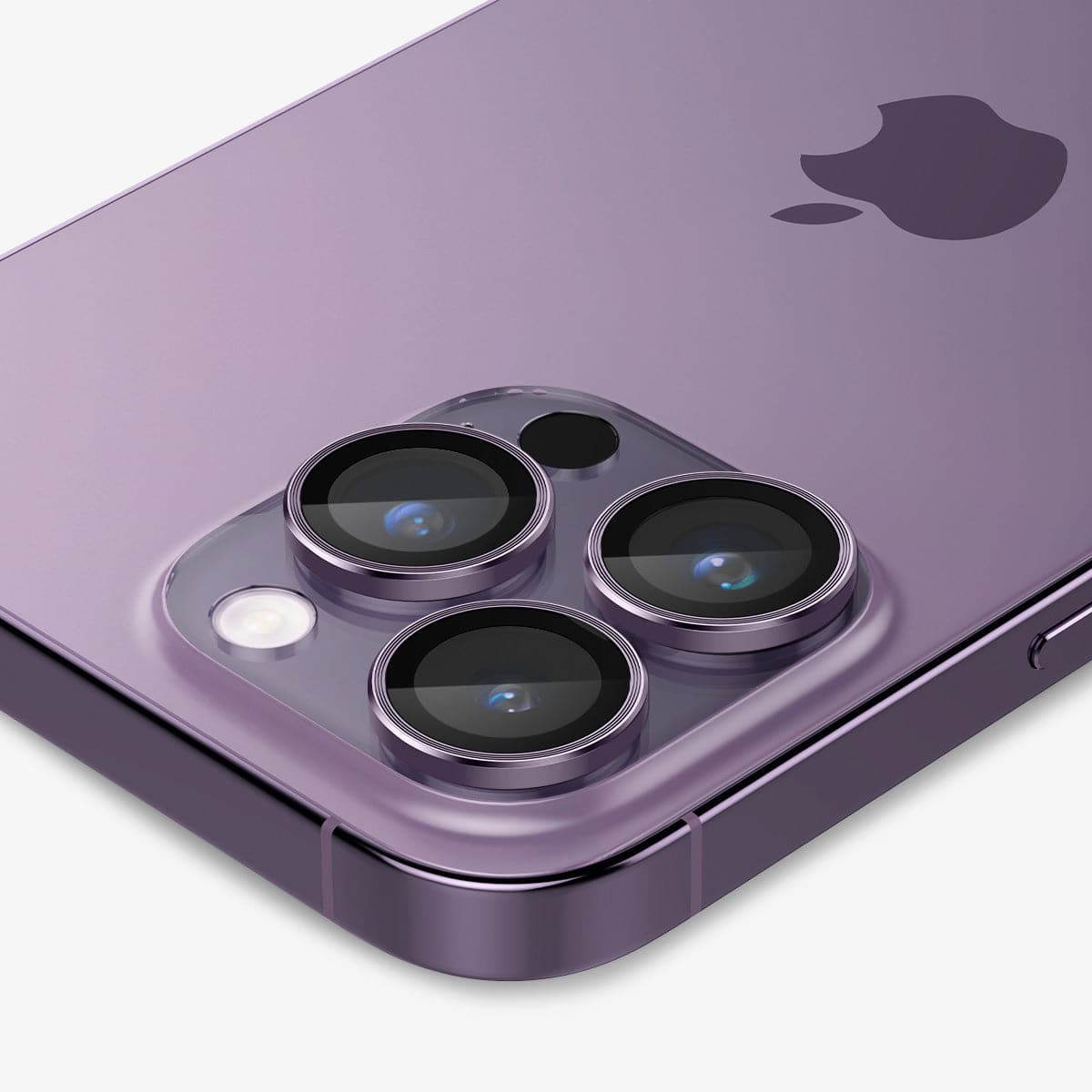 AGL05597 - iPhone 14 Pro / 14 Pro Max Optik Pro Lens Protector in deep purple showing the back, side and top zoomed in on camera lens