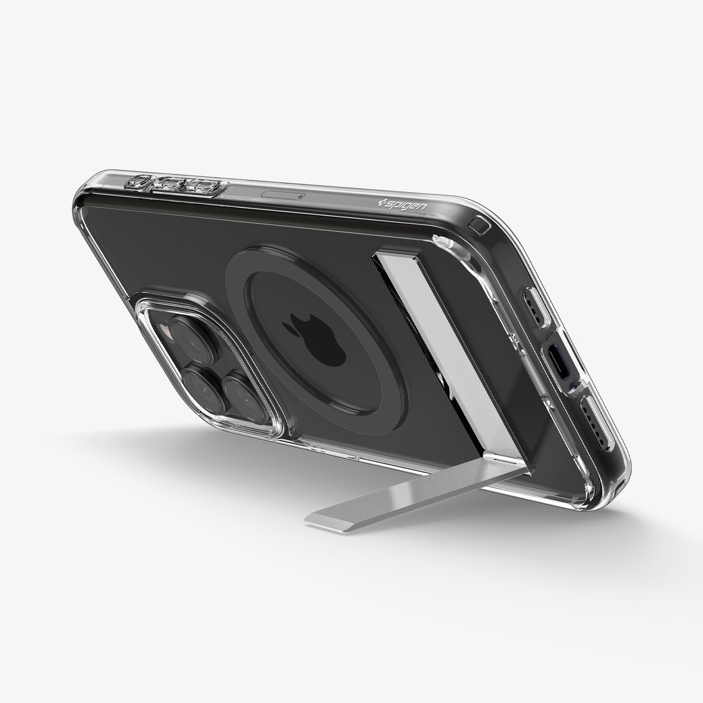 ACS06584 - iPhone 15 Pro Max Case Ultra Hybrid S (MagFit) in graphite showing the back and bottom with device propped up by built in kickstand