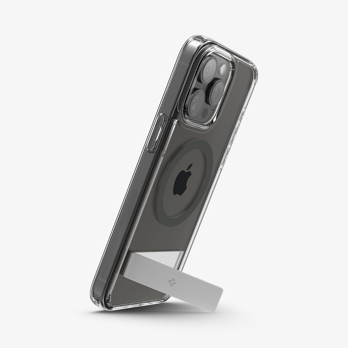 ACS06584 - iPhone 15 Pro Max Case Ultra Hybrid S (MagFit) in graphite showing the back and side with device propped up by built in kickstand