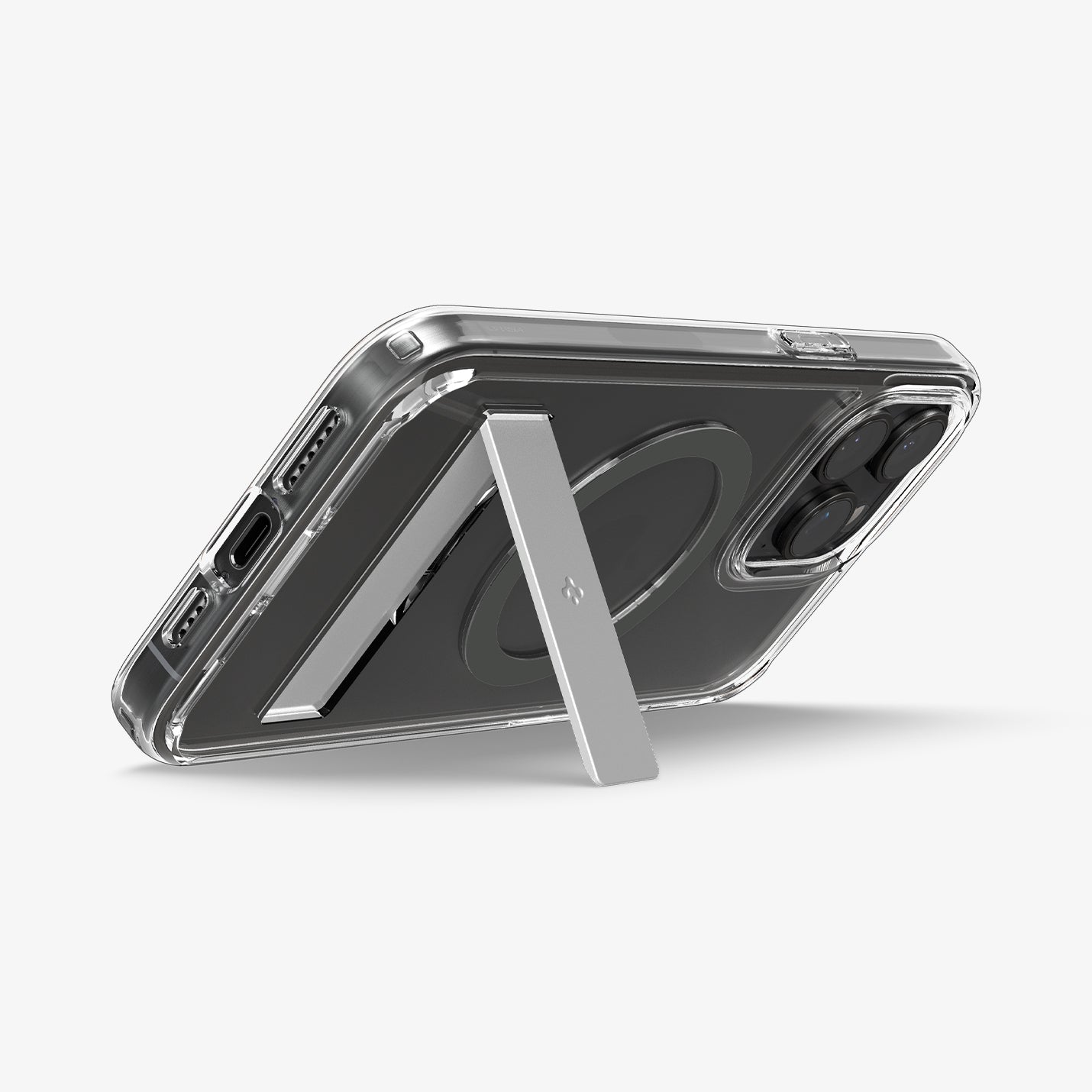 ACS06584 - iPhone 15 Pro Max Case Ultra Hybrid S (MagFit) in graphite showing the back with device propped up by built in kickstand