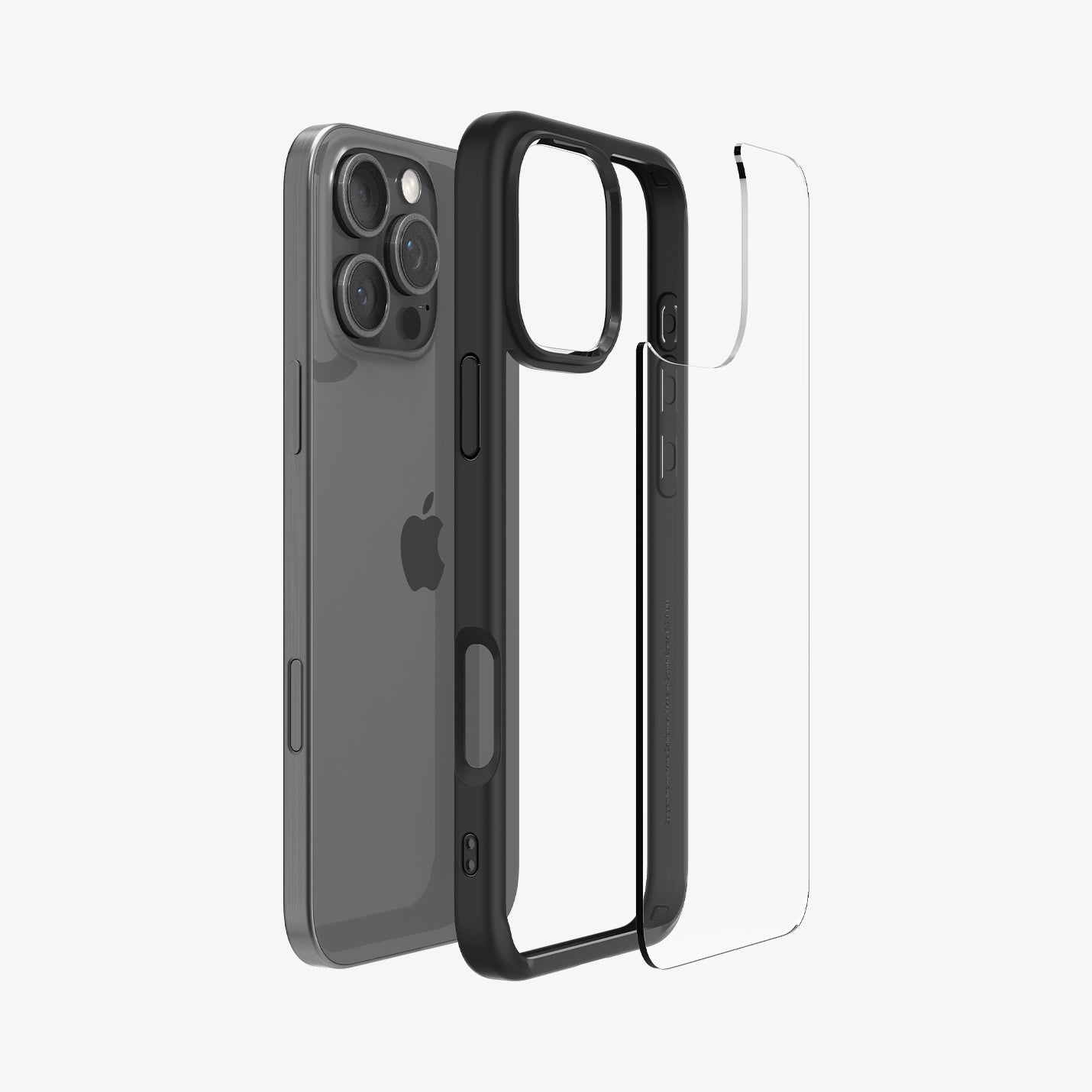 ACS07996 - iPhone 16 Pro Max Case Ultra Hybrid in Matte Black showing the back, detached from the frame of the case aligned with the device