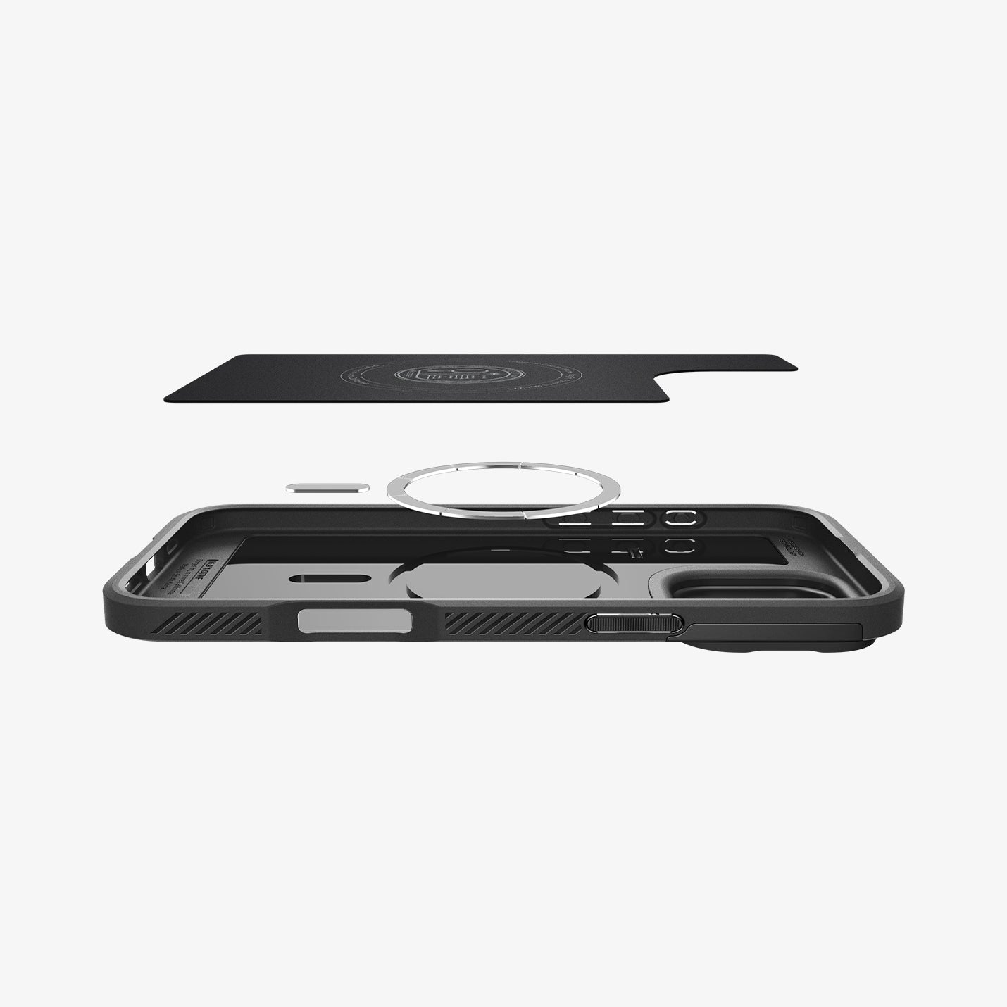 ACS08149 - iPhone 16 Pro Case Optik Armor (MagFit) in Black showing the soft layer of the inner case hovering above the magnet ring plate and the case