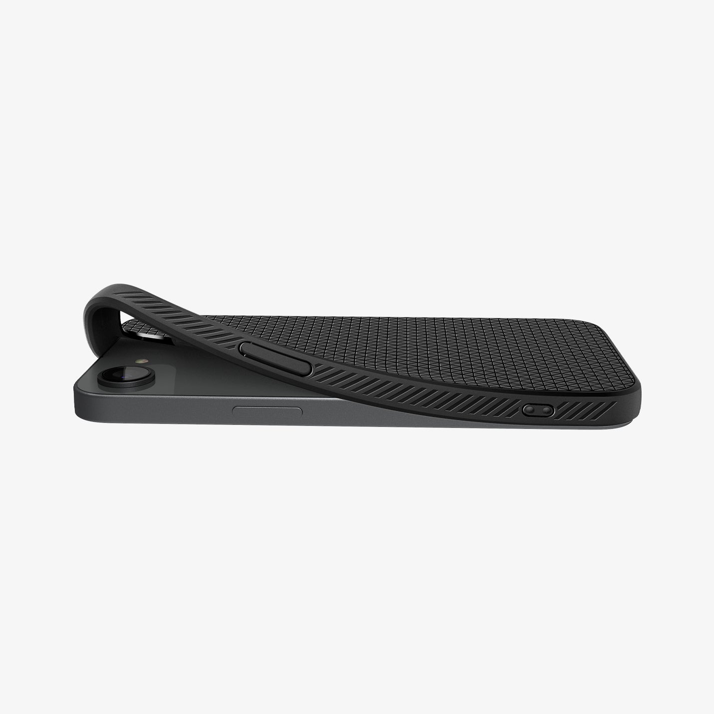 ACS09161 - iPhone 16e Case Liquid Air in Matte Black showing the partial back and side while corner's partially lifted
