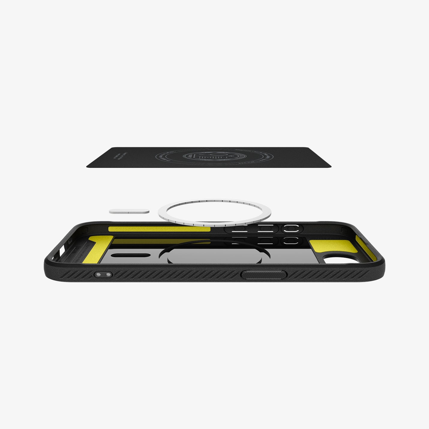 ACS09152 - iPhone 16e Case Rugged Armor (MagFit) in Matte Black showing the inner layer hovering above the detached metal ring and the case
