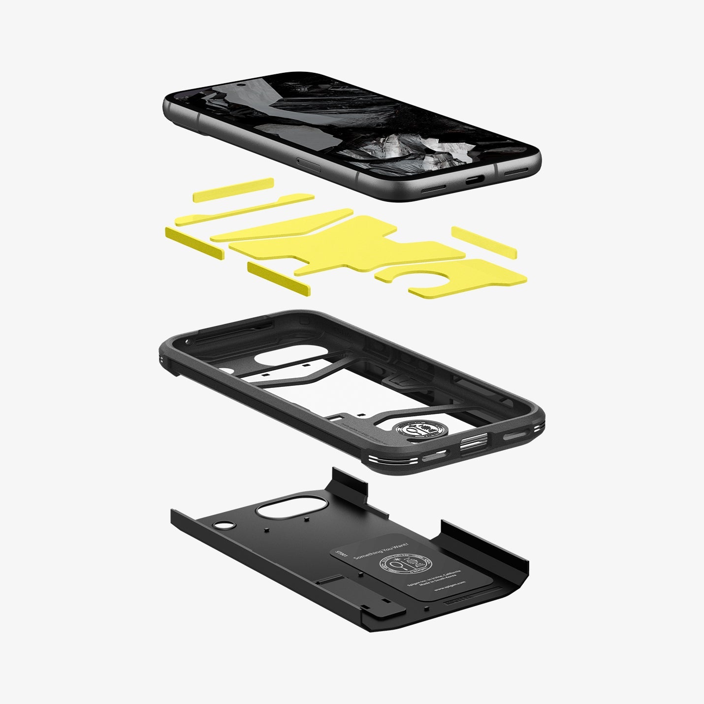 ACS07264 - Pixel 8a Case Tough Armor in Black showing the device hovering above the impact foam detached from the tpu frame and hard back layer