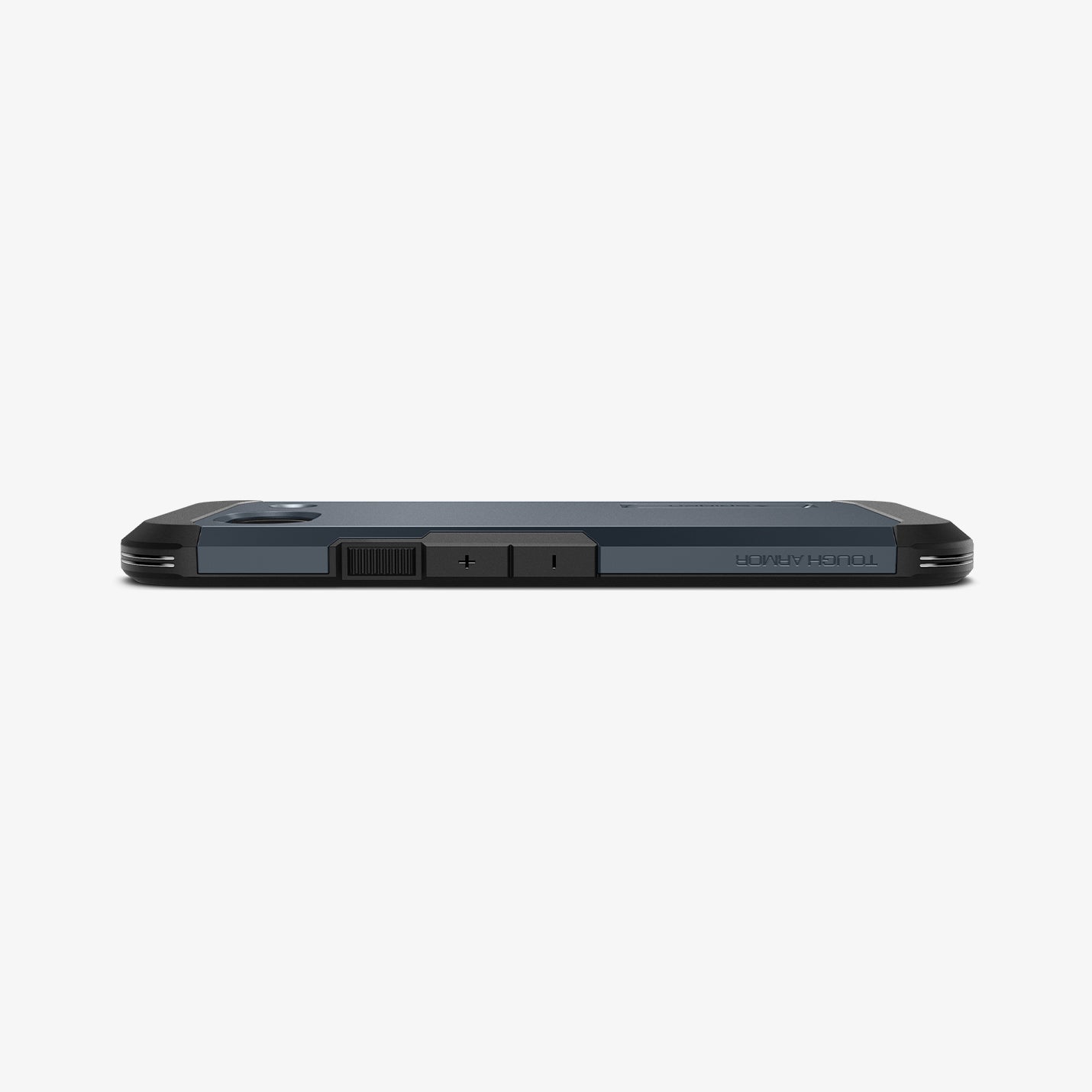 ACS07265 - Pixel 8a Case Tough Armor in Metal Slate showing the side with side buttons and partial back on a flat surface