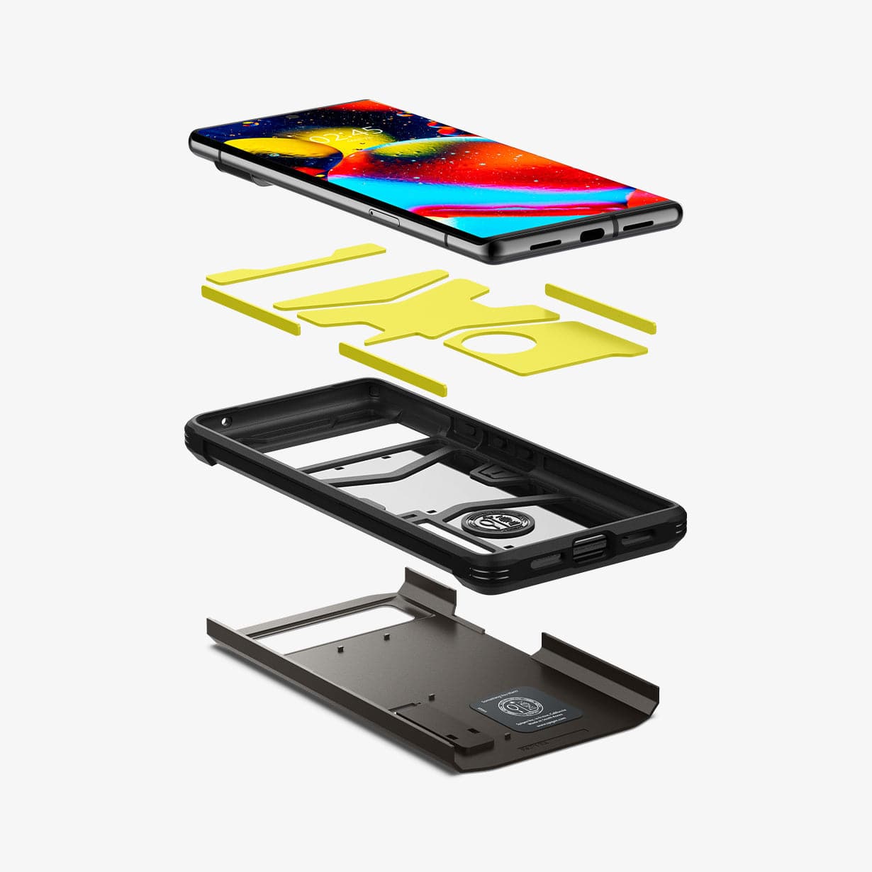 ACS03462 - Pixel 6 Pro Case Tough Armor in gunmetal showing the hard pc, flexible tpu, impact foam and device