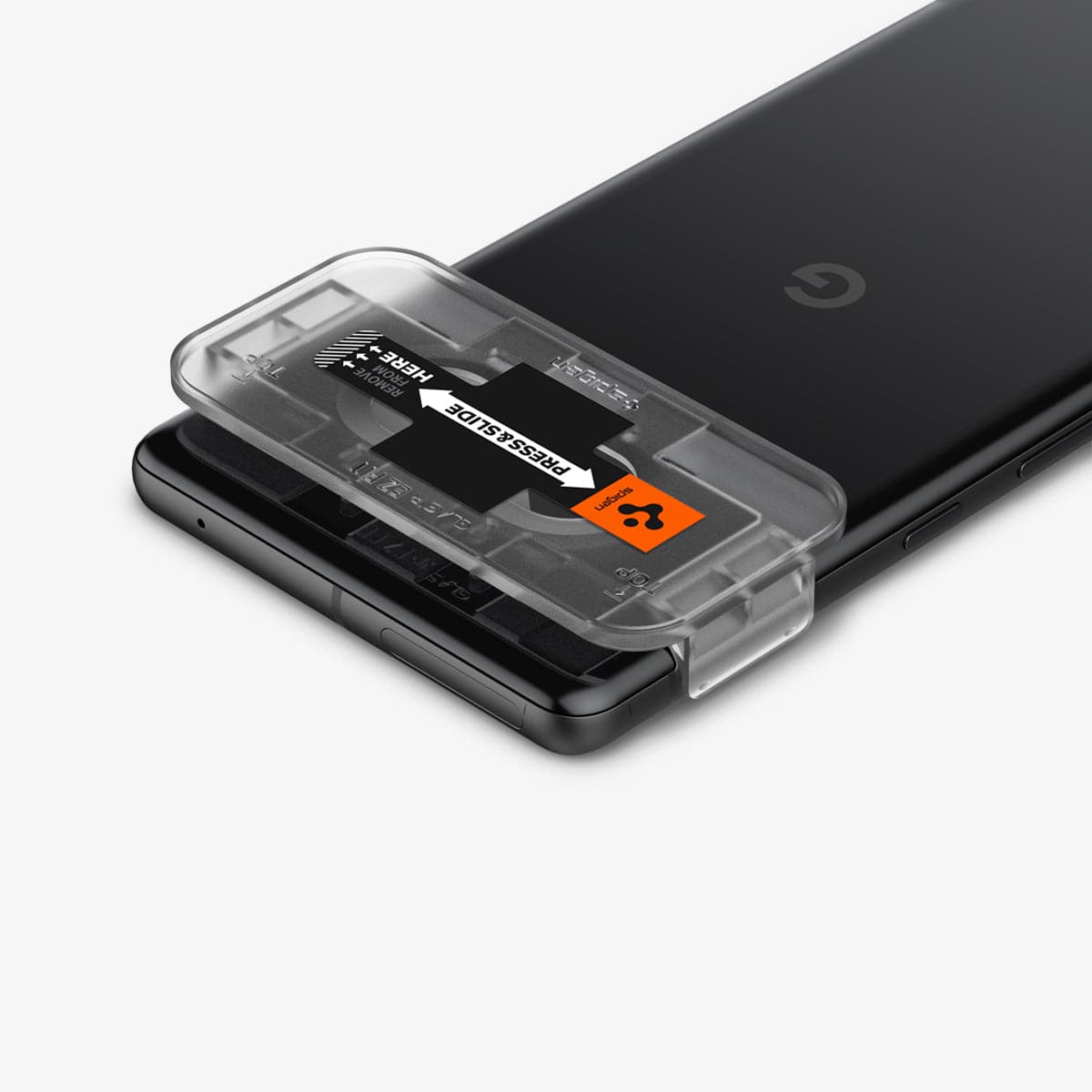 AGL05471 - Pixel 7 Optik Lens Protector in black showing the ez fit tray installed onto camera lens