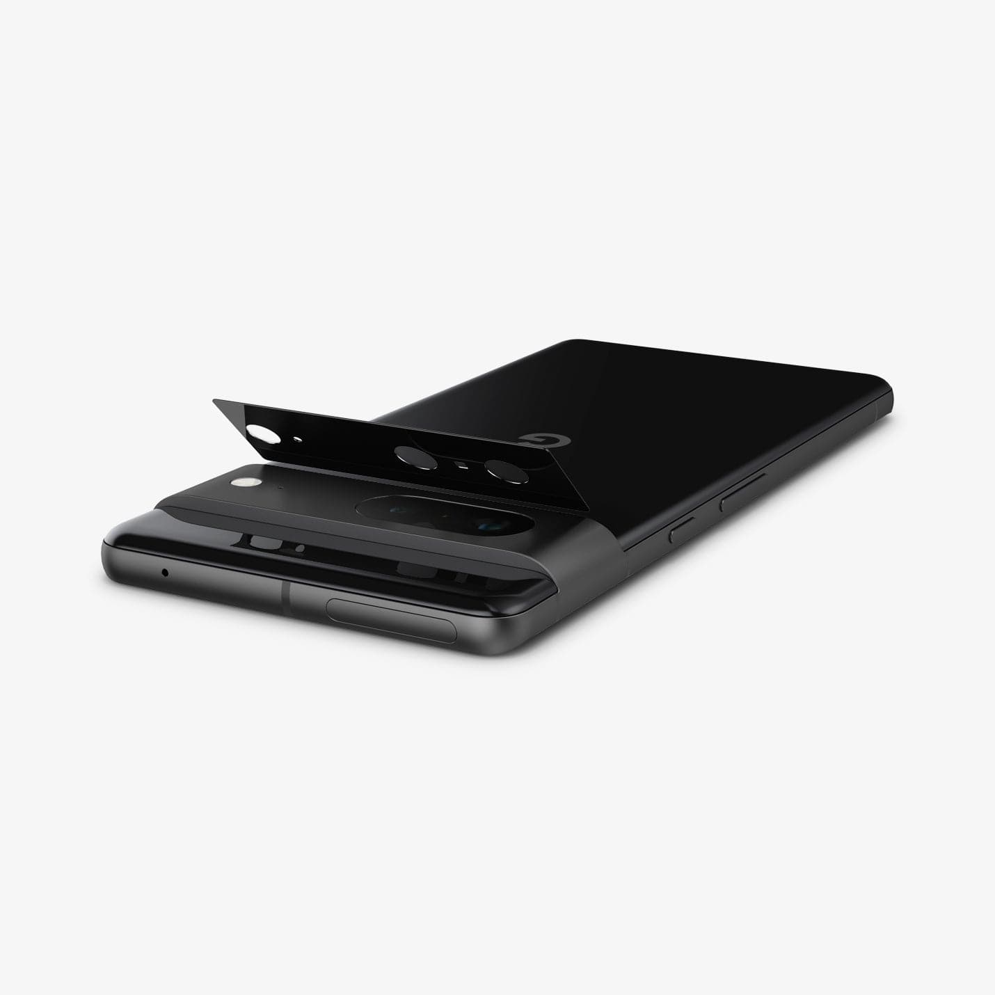 AGL05471 - Pixel 7 Optik Lens Protector in black showing the optik lens protector slightly hovering above camera lens