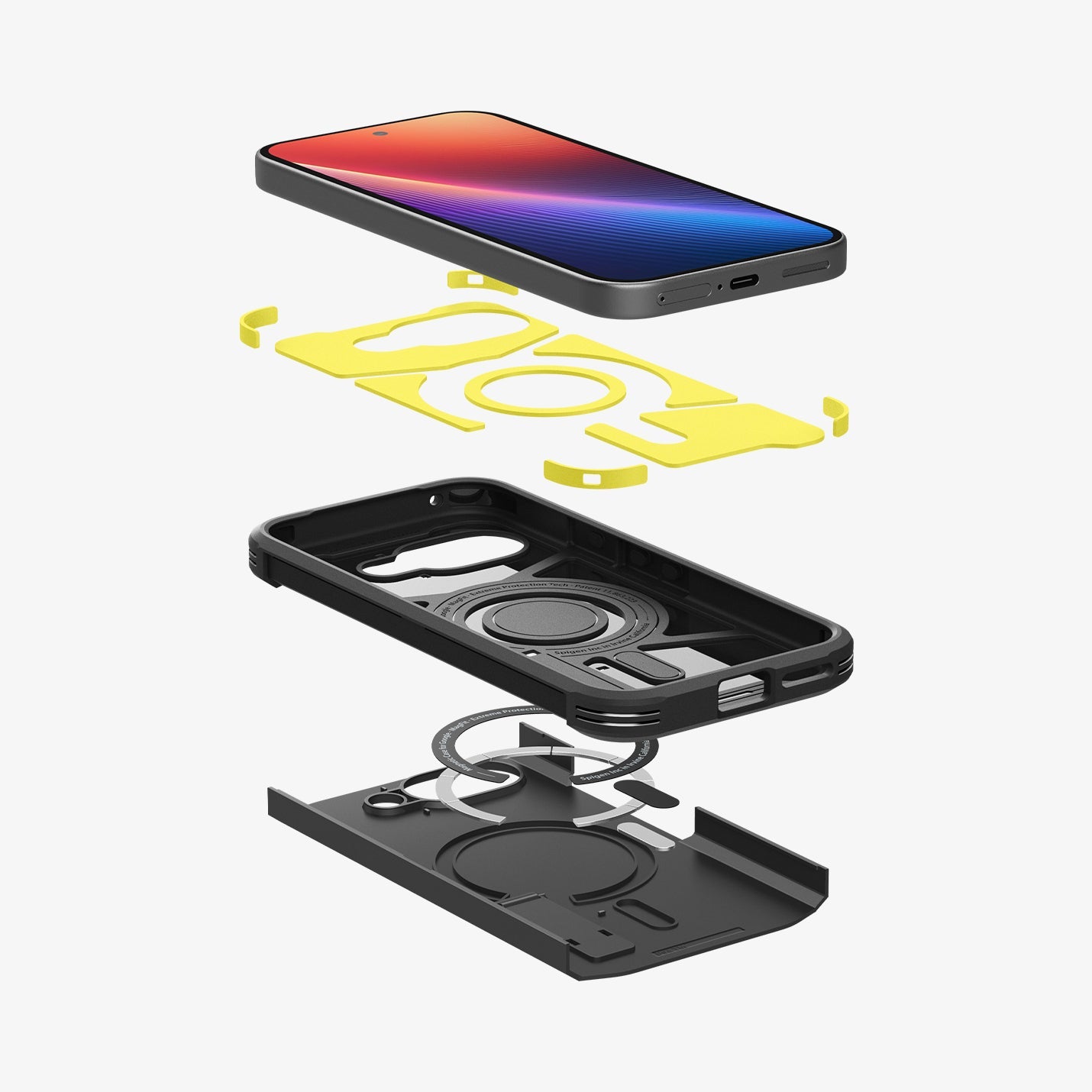 ACS09046 - Pixel 9a Case Tough Armor AI (MagFit) in Black showing the device hovering above the detached impact foam, body of the case, detached magnet ring and the back cover of the case