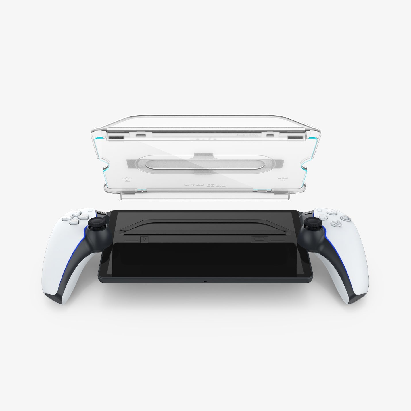 AGL07183 - Playstation Series GLAS.tR EZ Fit showing the installation tray angled back, partial side and facing the device angled front, partial side