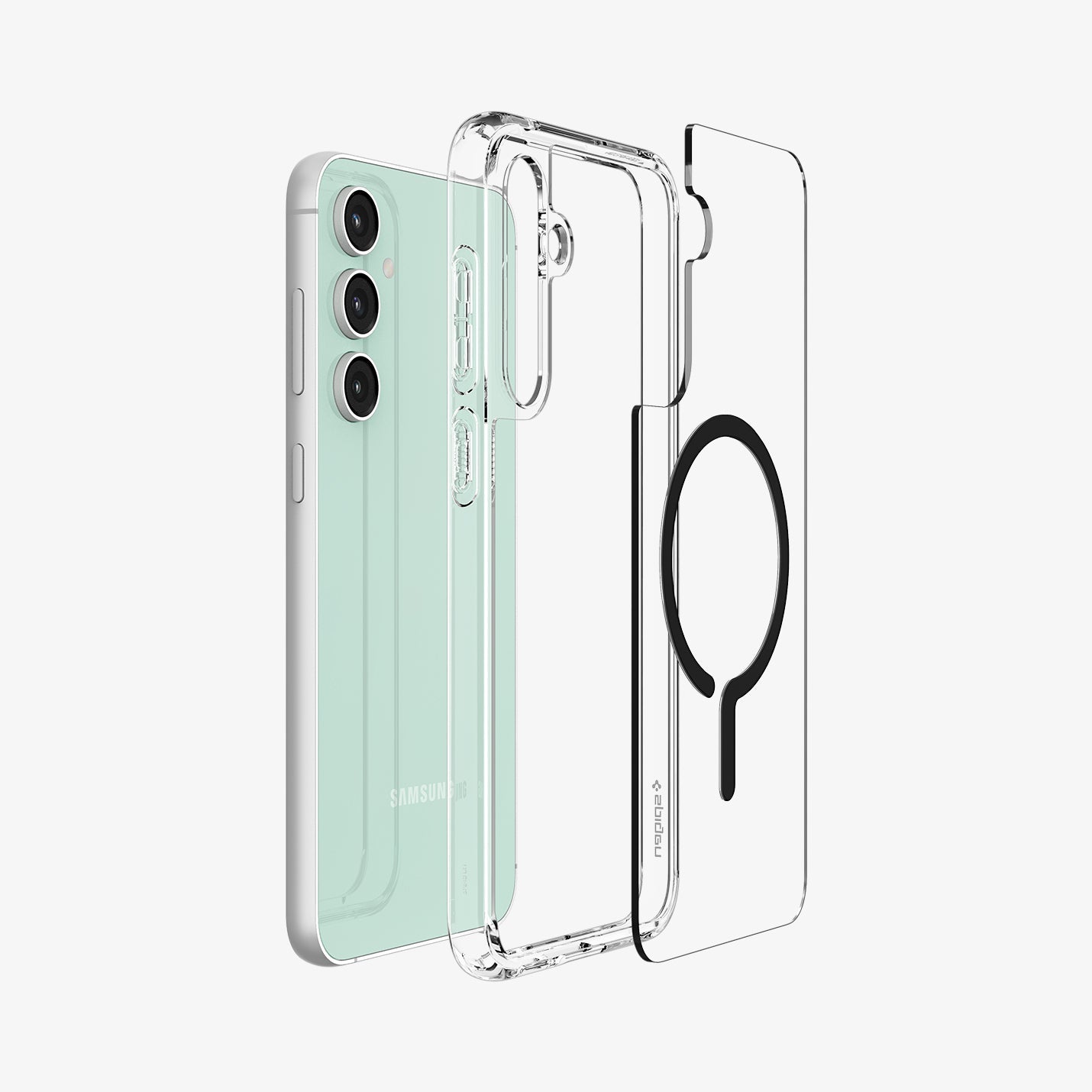 ACS06374 - Galaxy S23 FE Case Ultra Hybrid OneTap Metal Ring (MagFit) in black showing the multiple parts of case hovering away from the device