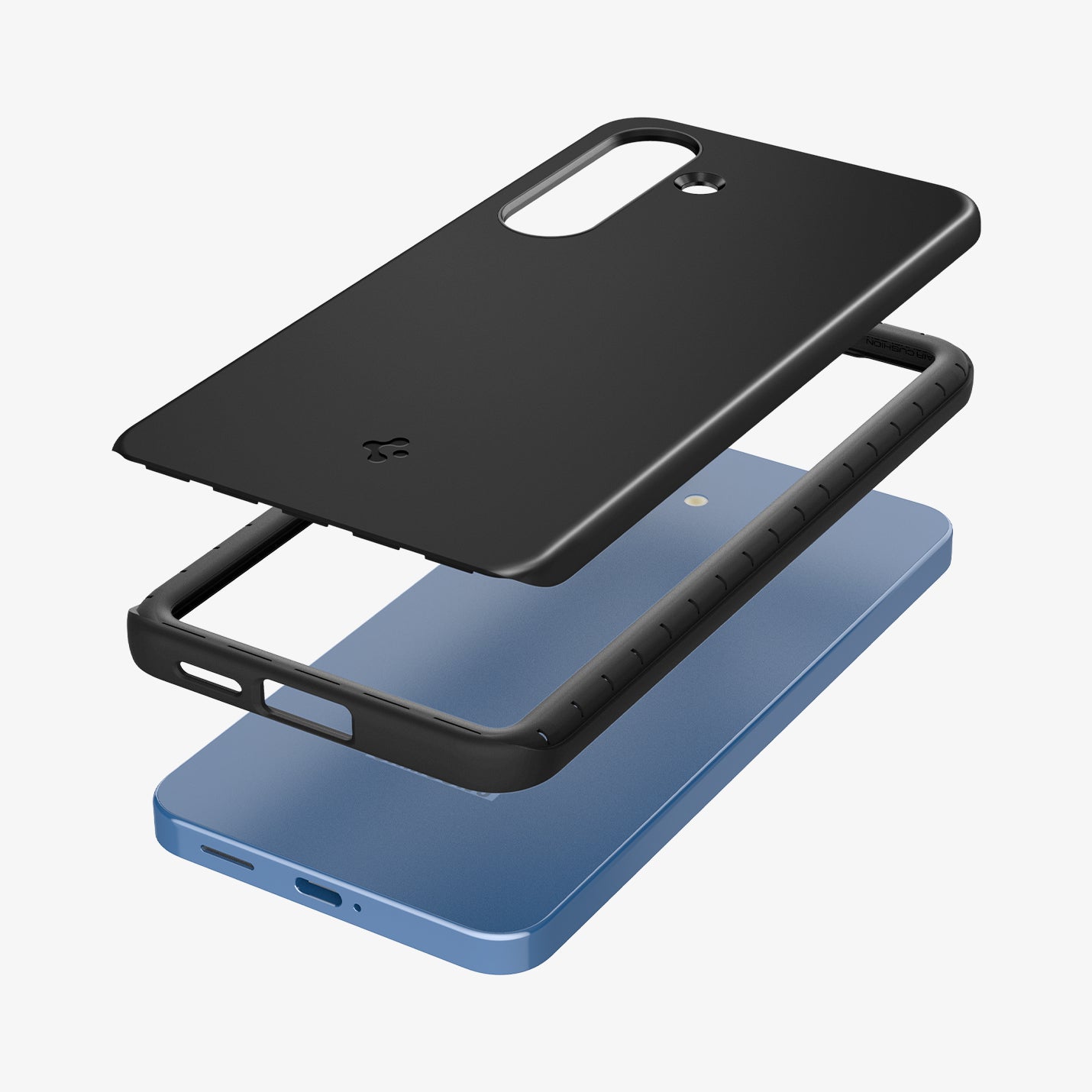 ACS08993 - Galaxy S25 Case Thin Fit (MagFit) in Black showing the detached back layer hovering above tpu frame and the device