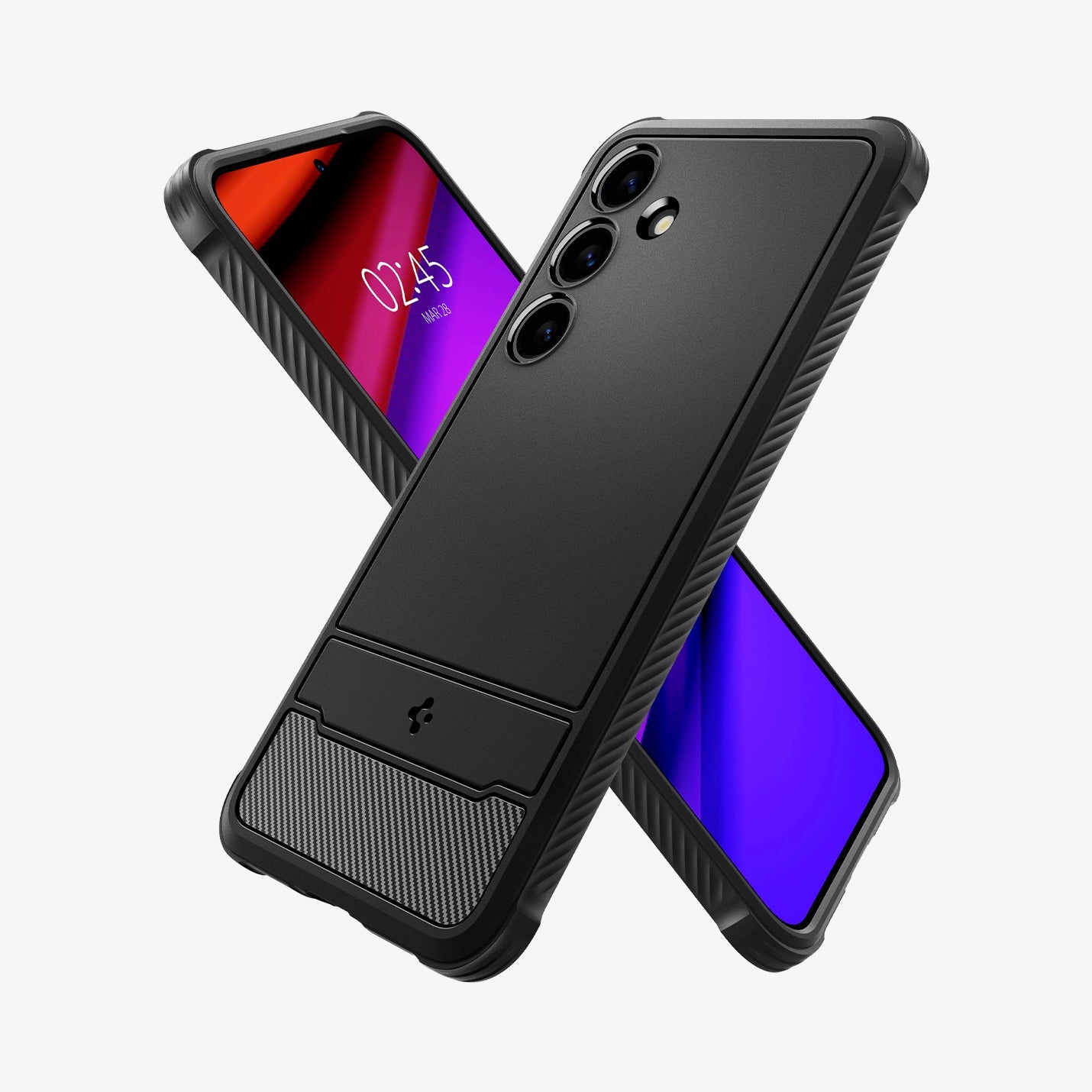 ACS07326 - Galaxy S24 Plus Case Rugged Armor in Matte Black showing the back next to it, a device showing partial front with both partial sides
