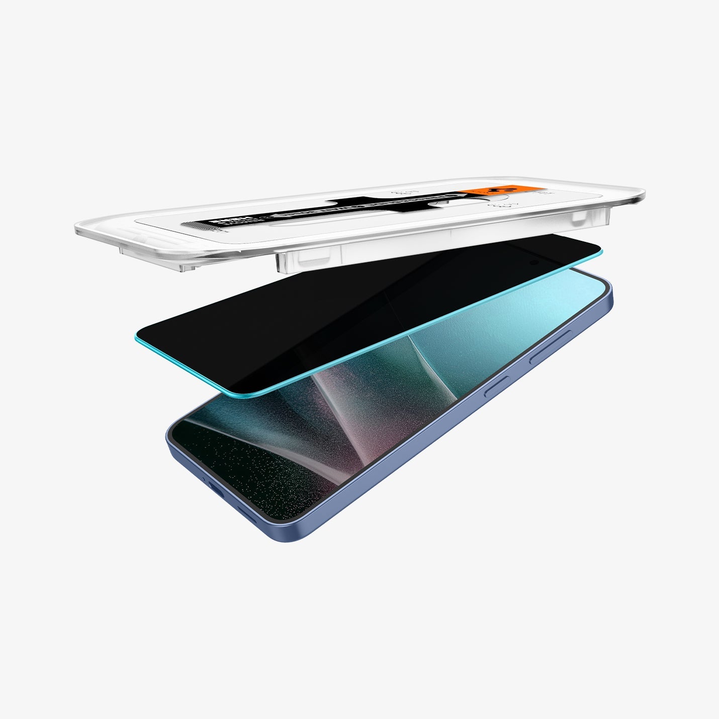 AGL07626 - Galaxy S25 Plus GLAS.tR EZ Fit in Privacy showing the partial front of alignment tray, partially hovering above the screen protector and the device
