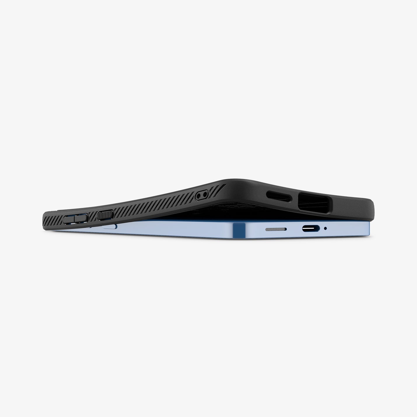 ACS08979 - Galaxy S25 Plus Case Liquid Air in Matte Black showing the
side and bottom slightly lifted up from the device