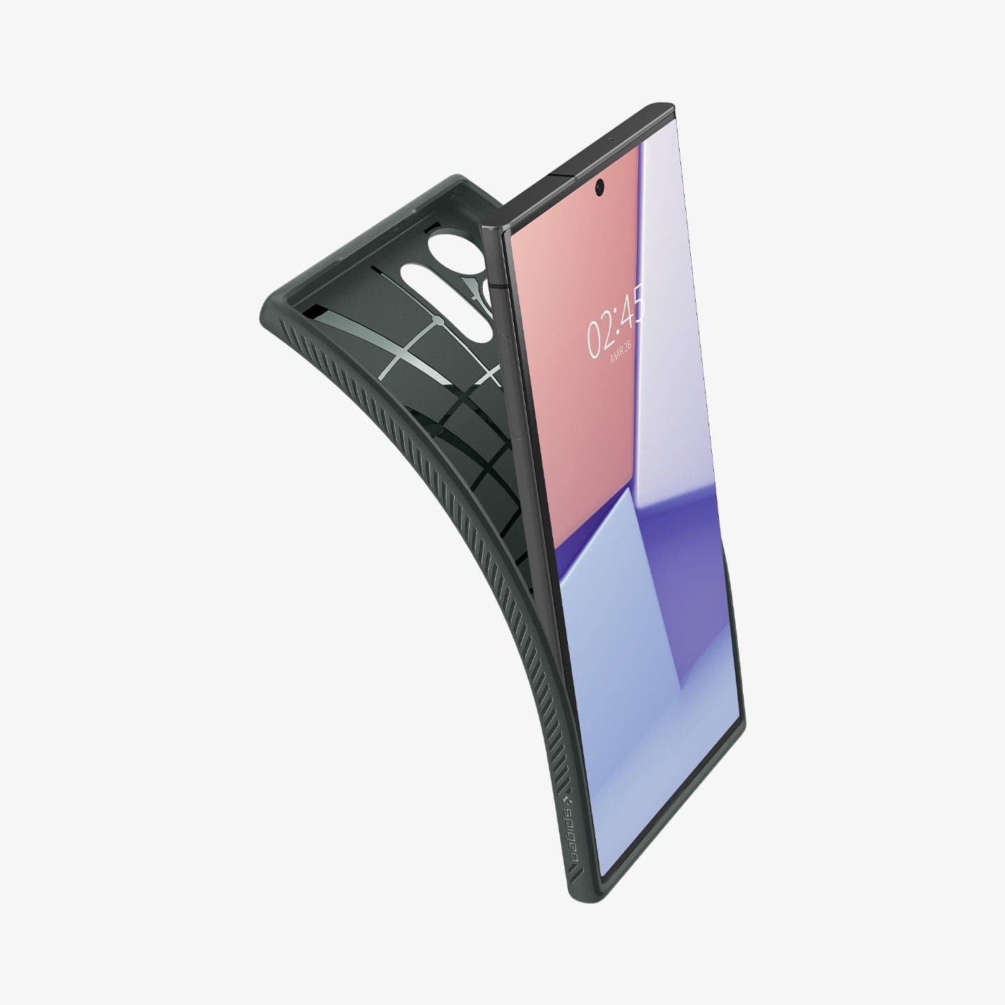 ACS05615 - Galaxy S23 Ultra Case Liquid Air in abyss green showing the back with case bending away from device to show the flexibility