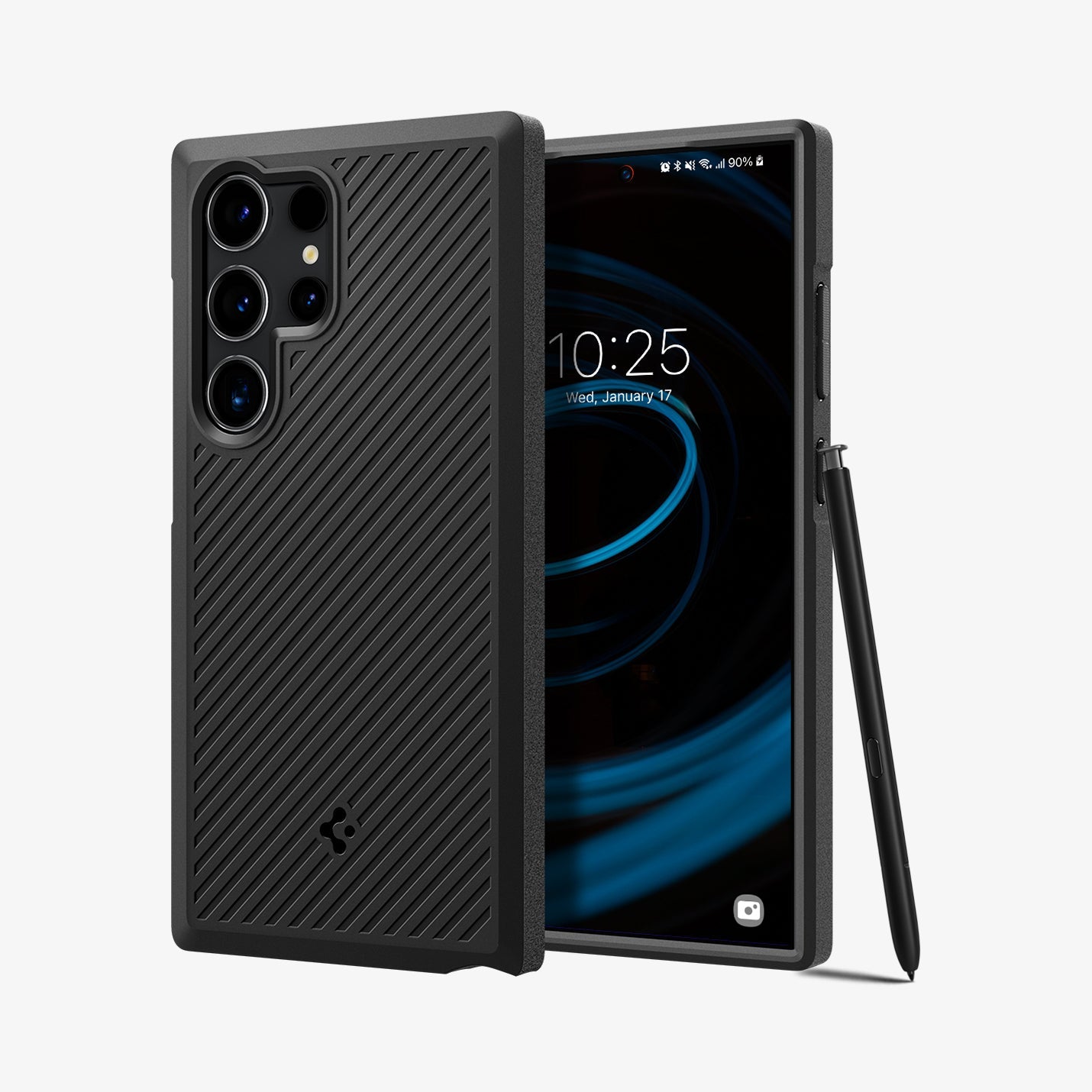 ACS07194 - Galaxy S24 Ultra Case Core Armor in Matte Black showing the back, behind, is another device facing front with stylus pen leaning on the side of a device
