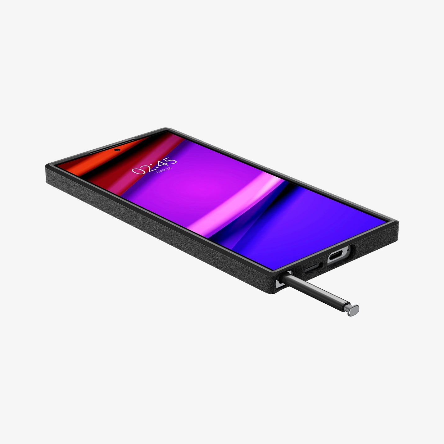 ACS07194 - Galaxy S24 Ultra Case Core Armor in Matte Black showing the front of device, on a flat surface with stylus pen sticking out