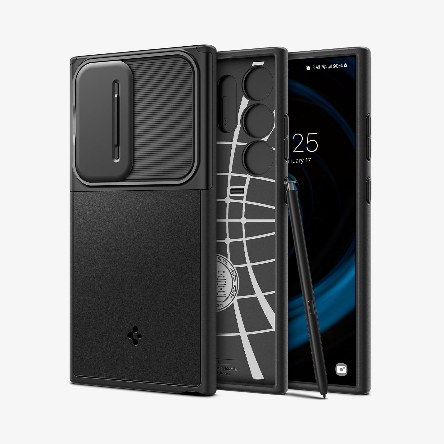 ACS07313 - Galaxy S24 Ultra Case Optik Armor in Black showing the back paralleled with an inner case in the middle with stylus pen leaning on the side of a device and another facing front