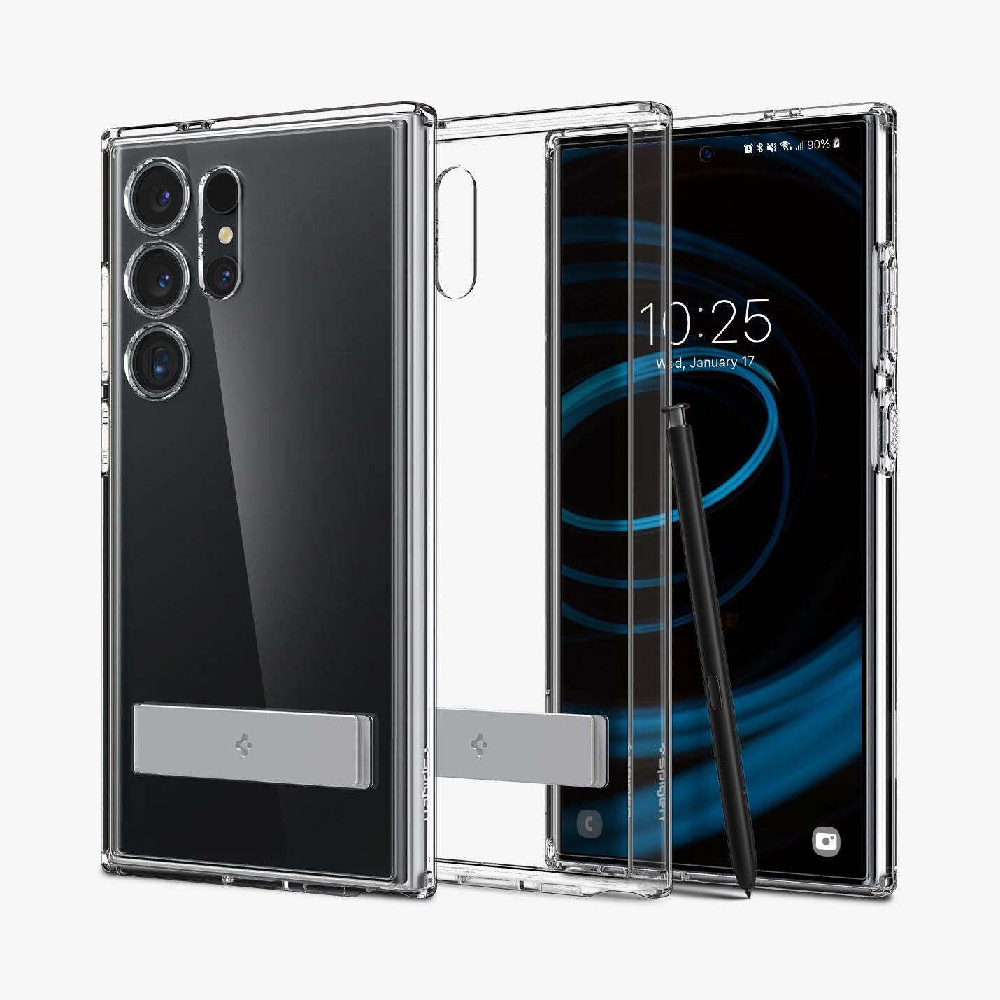 ACS07299 - Galaxy S24 Ultra Case Ultra Hybrid S in Crystal Clear showing the back paralleled with a clear back case in the middle with stylus pen leaning on the side and a device facing front