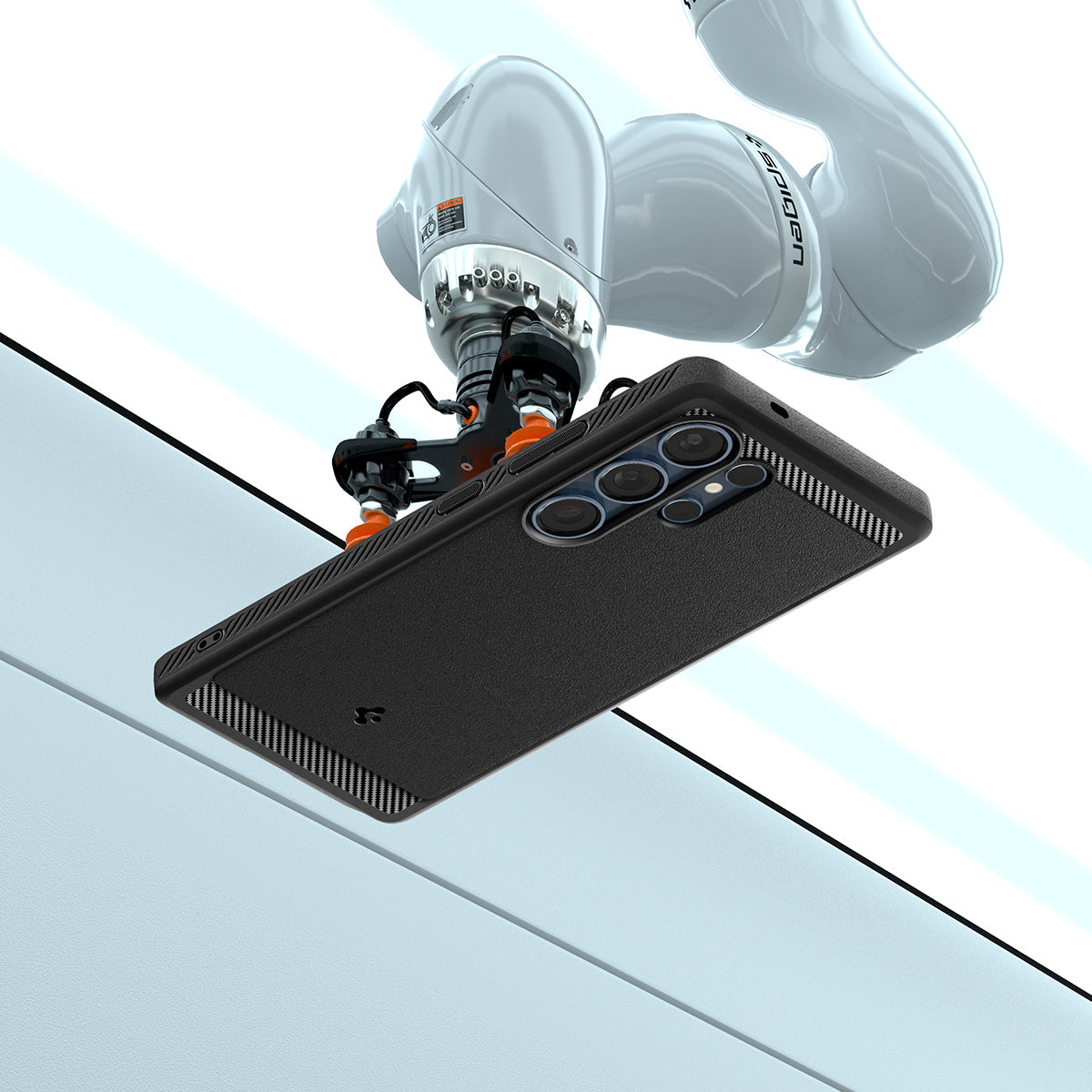 ACS08951 - Galaxy S25 Ultra Case Rugged Armor (MagFit) in Matte Black showing the back, partial side and top with robot sitting on top of the device