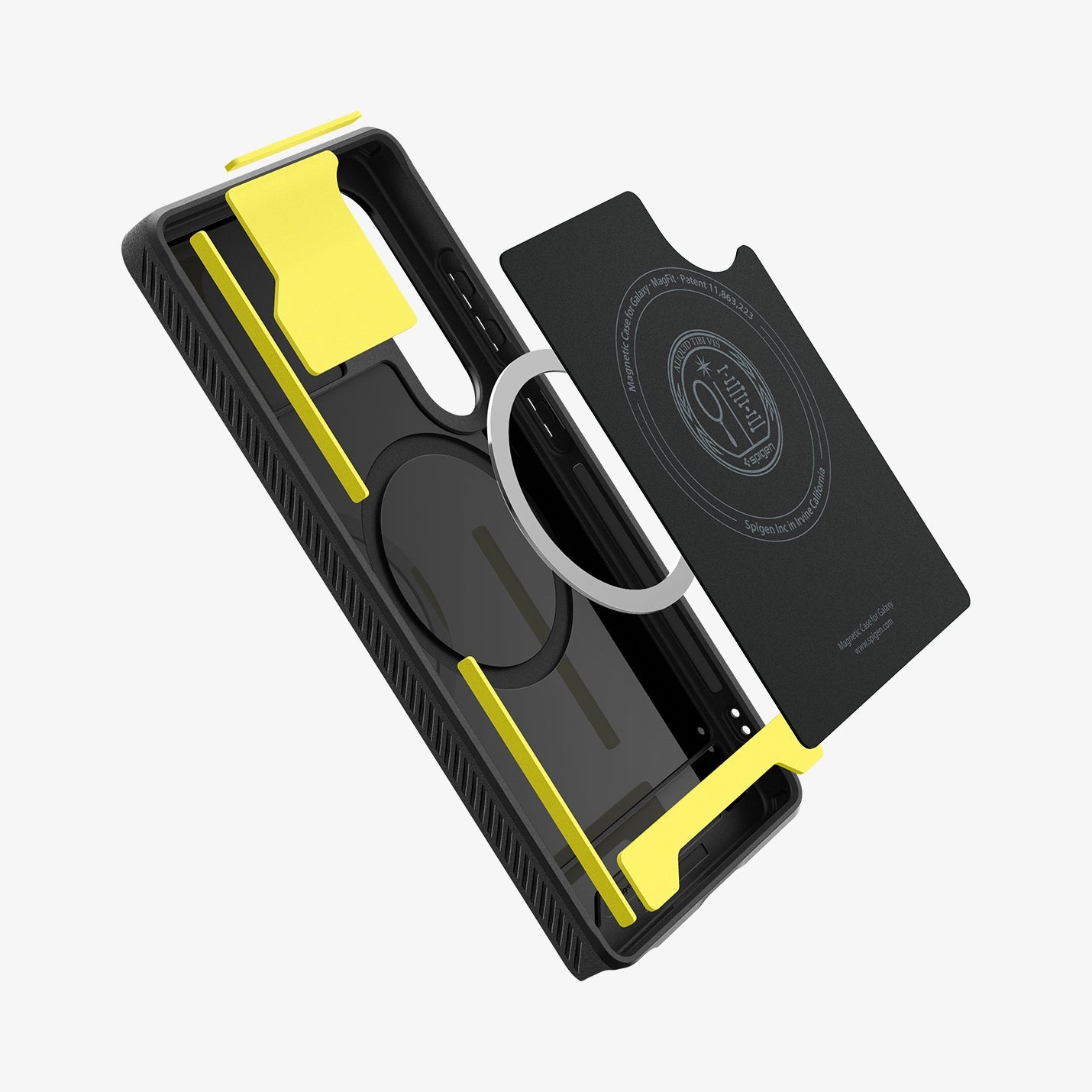 ACS08951 - Galaxy S25 Ultra Case Rugged Armor (MagFit) in Matte Black showing the inner layer detached hovering above the detached magring and the case