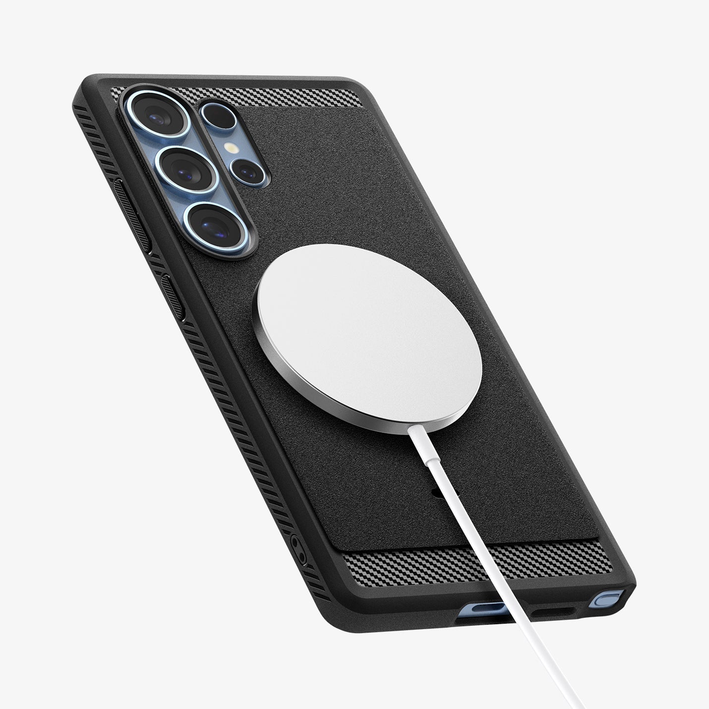 ACS08951 - Galaxy S25 Ultra Case Rugged Armor (MagFit) in Matte Black showing the back, partial side and bottom with magsafe charger attached
