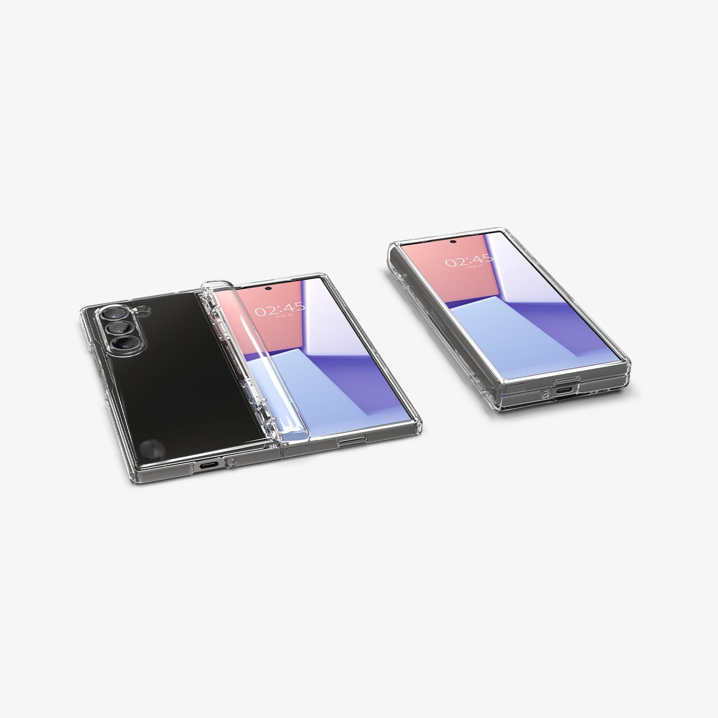 ACS07813 - Galaxy Z Fold 6 Case Ultra Hybrid Pro in Crystal Clear showing the front folded, front, hinge, back and bottoms of 2 devices