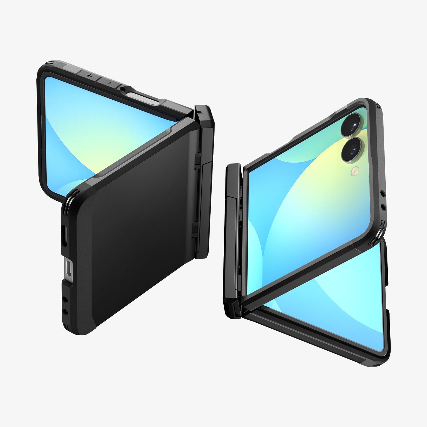 ACS09561 - Galaxy Z Flip 7 Case Tough Armor Pro (MagFit) in black showing the back, front and side of two devices