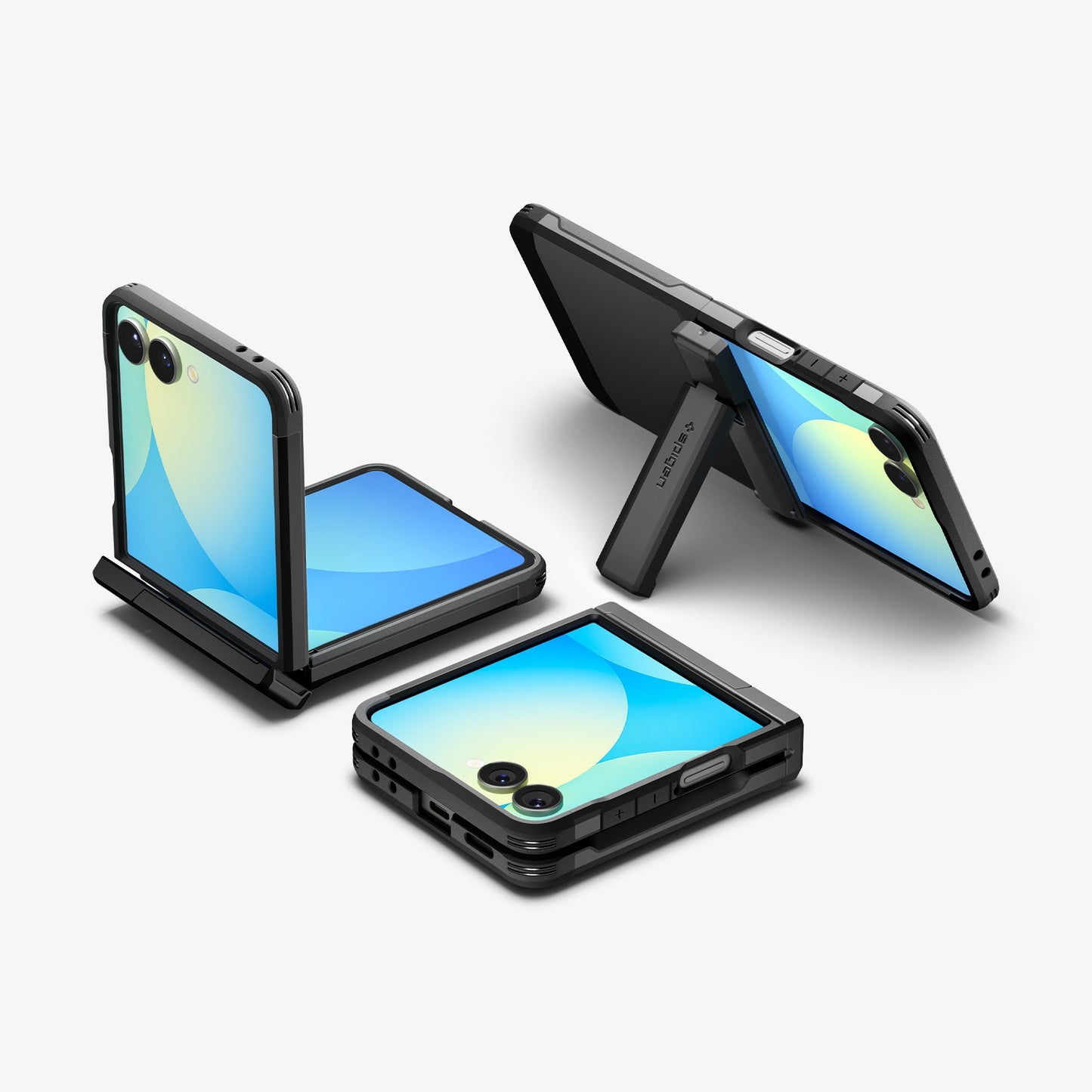 ACS09561 - Galaxy Z Flip 7 Case Tough Armor Pro (MagFit) in black showing the front, back and sides of multiple devices