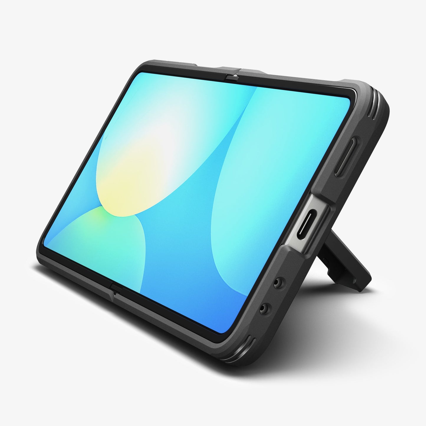 ACS09561 - Galaxy Z Flip 7 Case Tough Armor Pro (MagFit) in black showing the front and bottom with devices propped up by built in kickstand