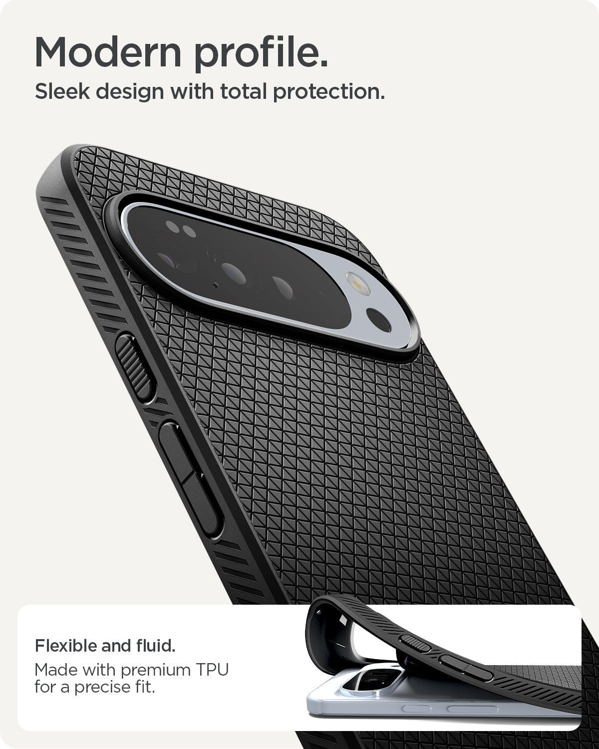 ACS09737 - Pixel 10 Pro XL Case Liquid Air in matte black showing the modern profile. Sleek design with total protection. Flexible and fluid, made with premium TPU for a precise fit