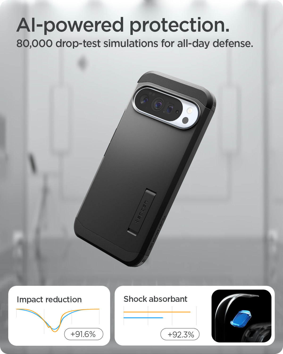 ACS09728 - Pixel 10 Pro XL  Tough Armor AI (MagFit) in black showing ai powered protection. 80,000 drop test simulations for all day defense.