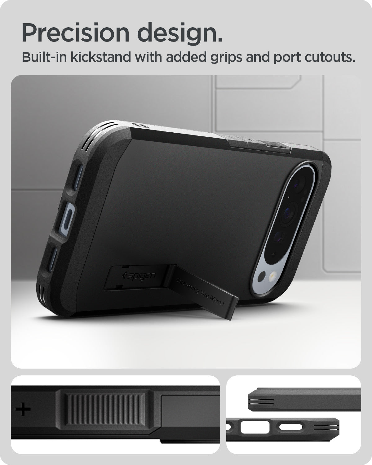 ACS09728 - Pixel 10 Pro XL  Tough Armor AI (MagFit) in black showing precision design. built in kickstand with added grips and port cutouts