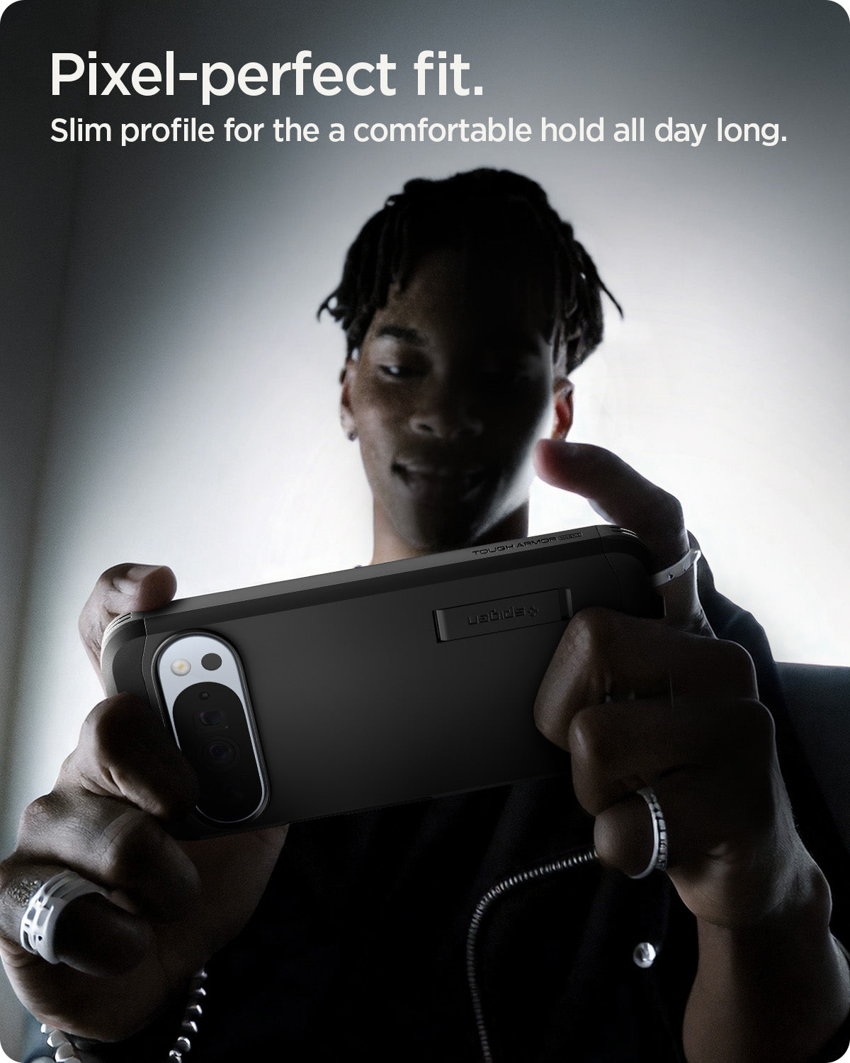 ACS09728 - Pixel 10 Pro XL  Tough Armor AI (MagFit) in black showing pixel perfect fit. Slim profile for the a comfortable hold all day long