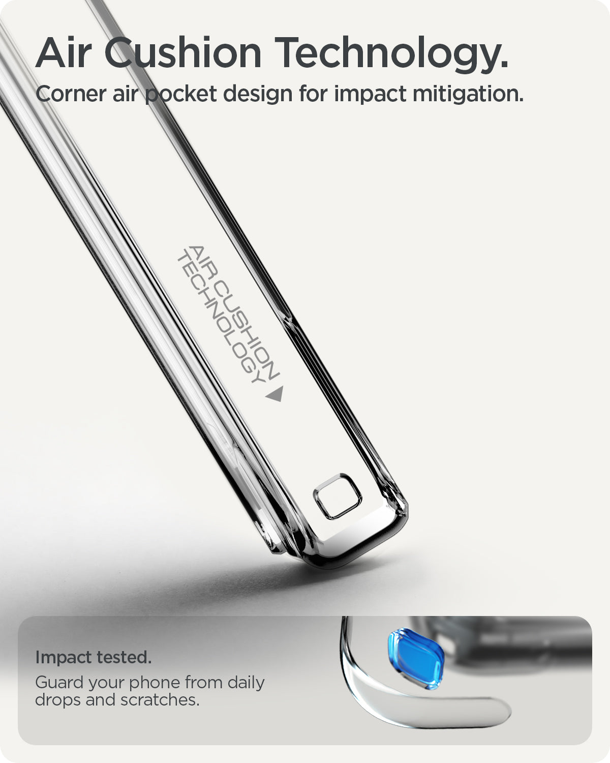 ACS09738 - Pixel 10 Pro XL Case Ultra Hybrid in crystal clear showing the air cushion technology. Corner air pocket design for impact mitigation. Impact tested to guard your phone from daily drops and scratches